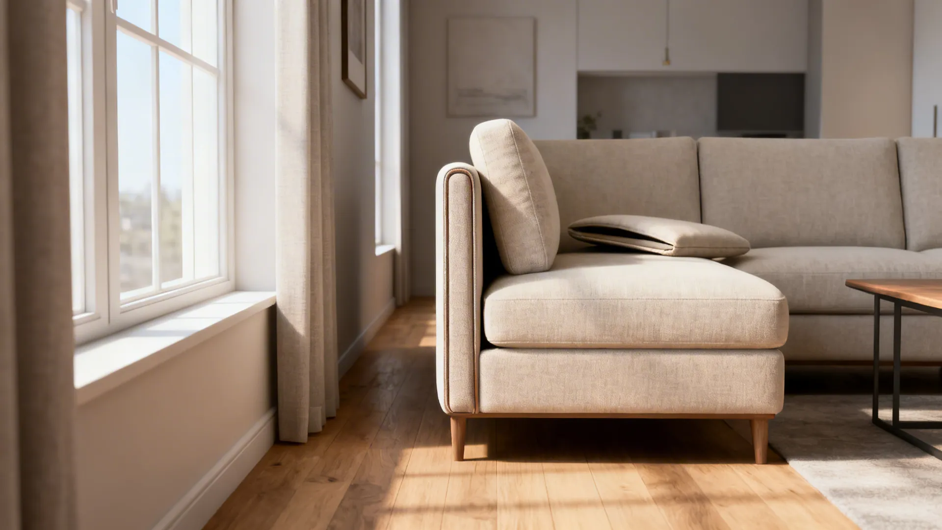 Narrow living room with a slim-armed compact loveseat and clear walkways.