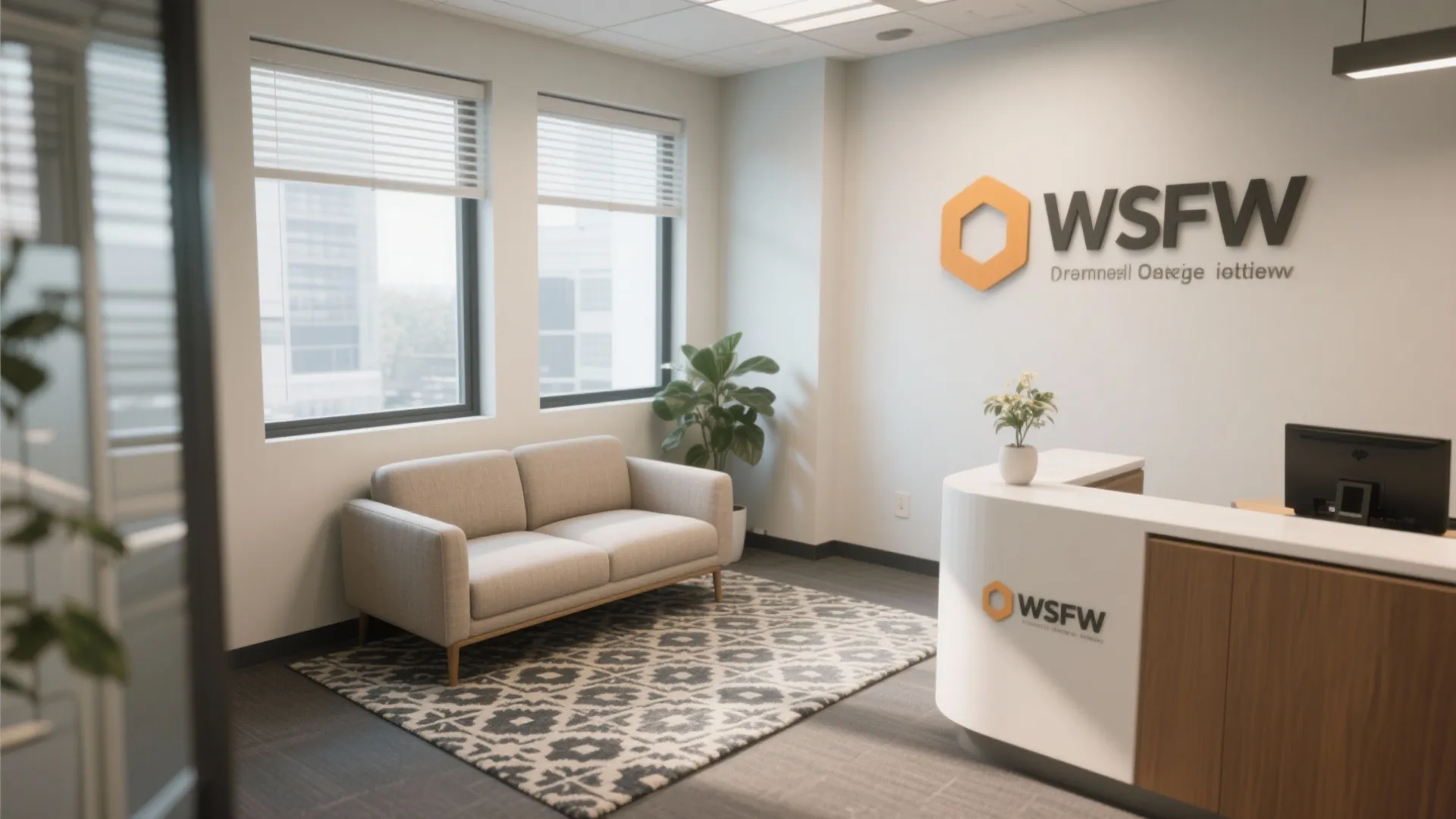 Small beige sofa in office reception area with pattern rug green plant and white desk