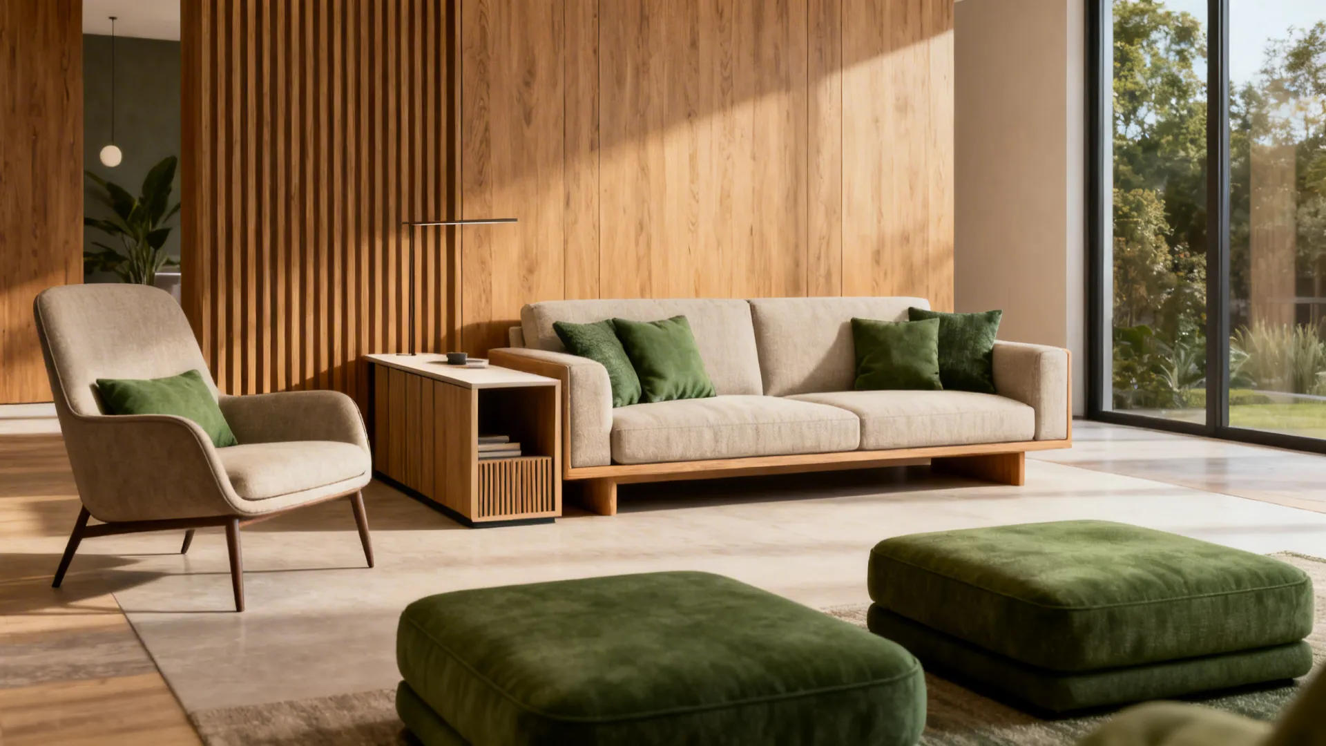 Compact loveseat zoned with a slim console, accent chair and ottomans showing proportion and flow.