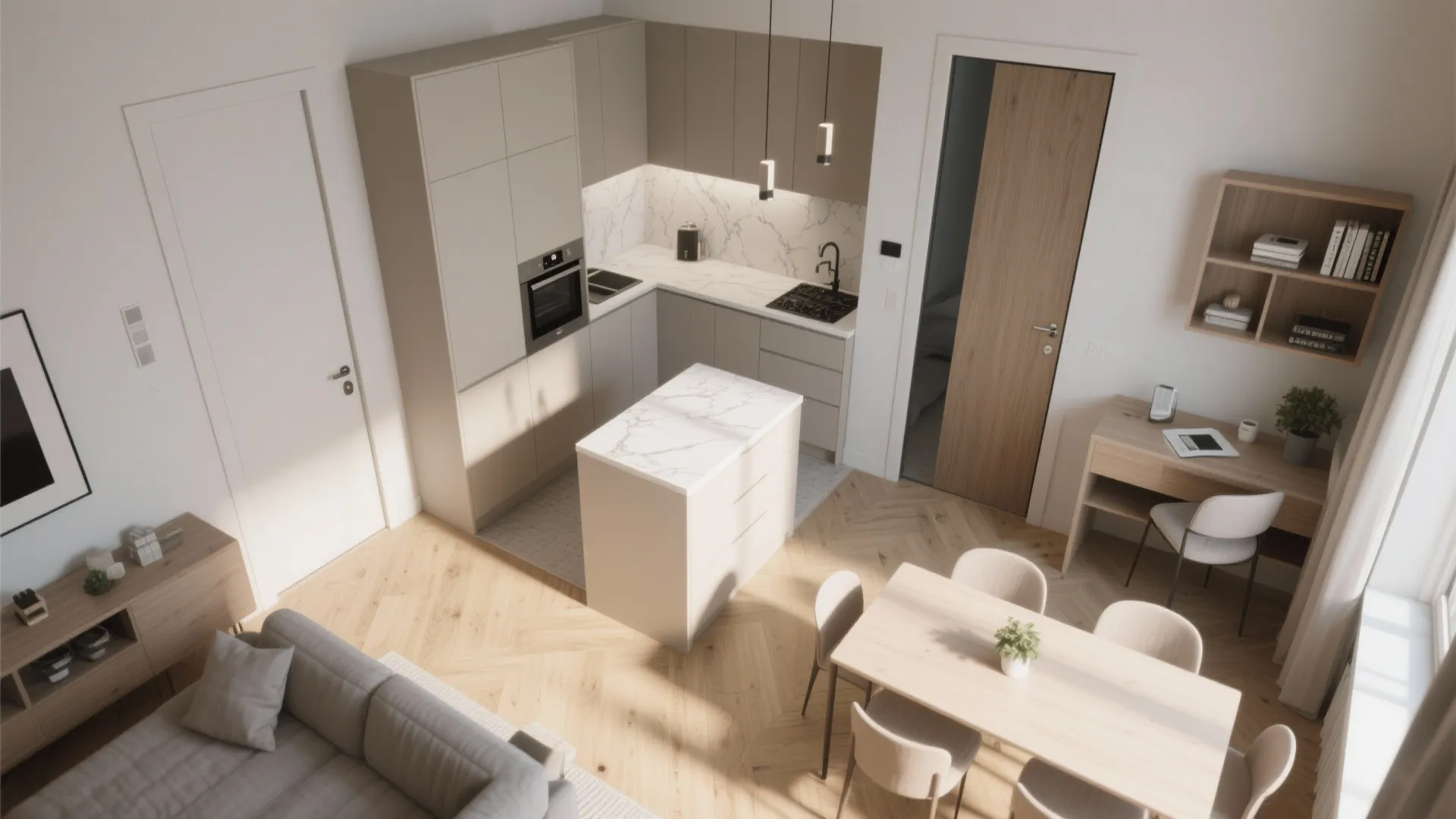 Modern L-shaped kitchen with marble island dining table wooden floor sofa and small home office