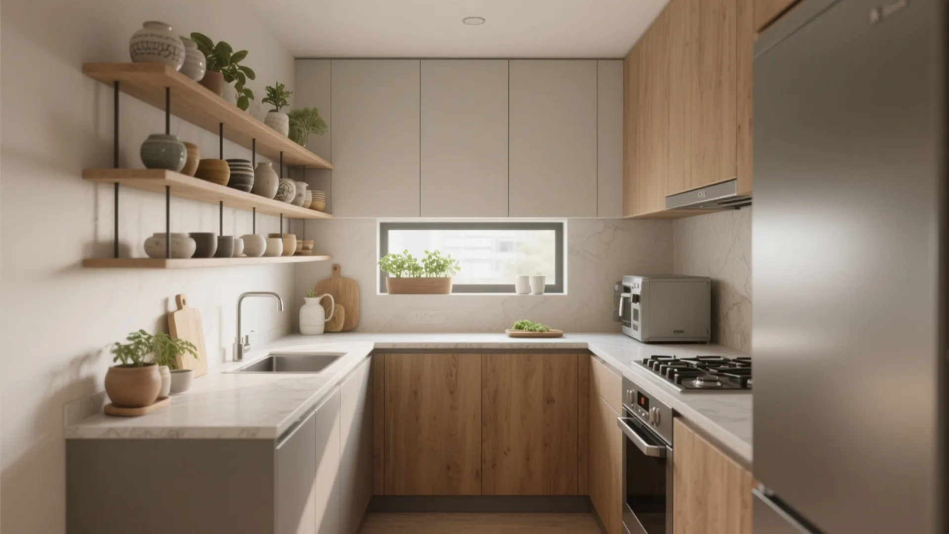 2. Compact L-Shape with Floating Shelves