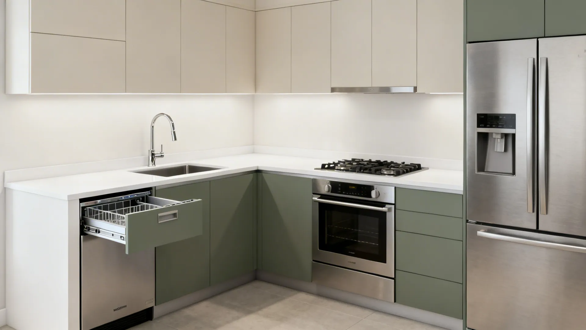 Compact L-shaped kitchen with corner tray, added prep space, and a slim dishwasher.
