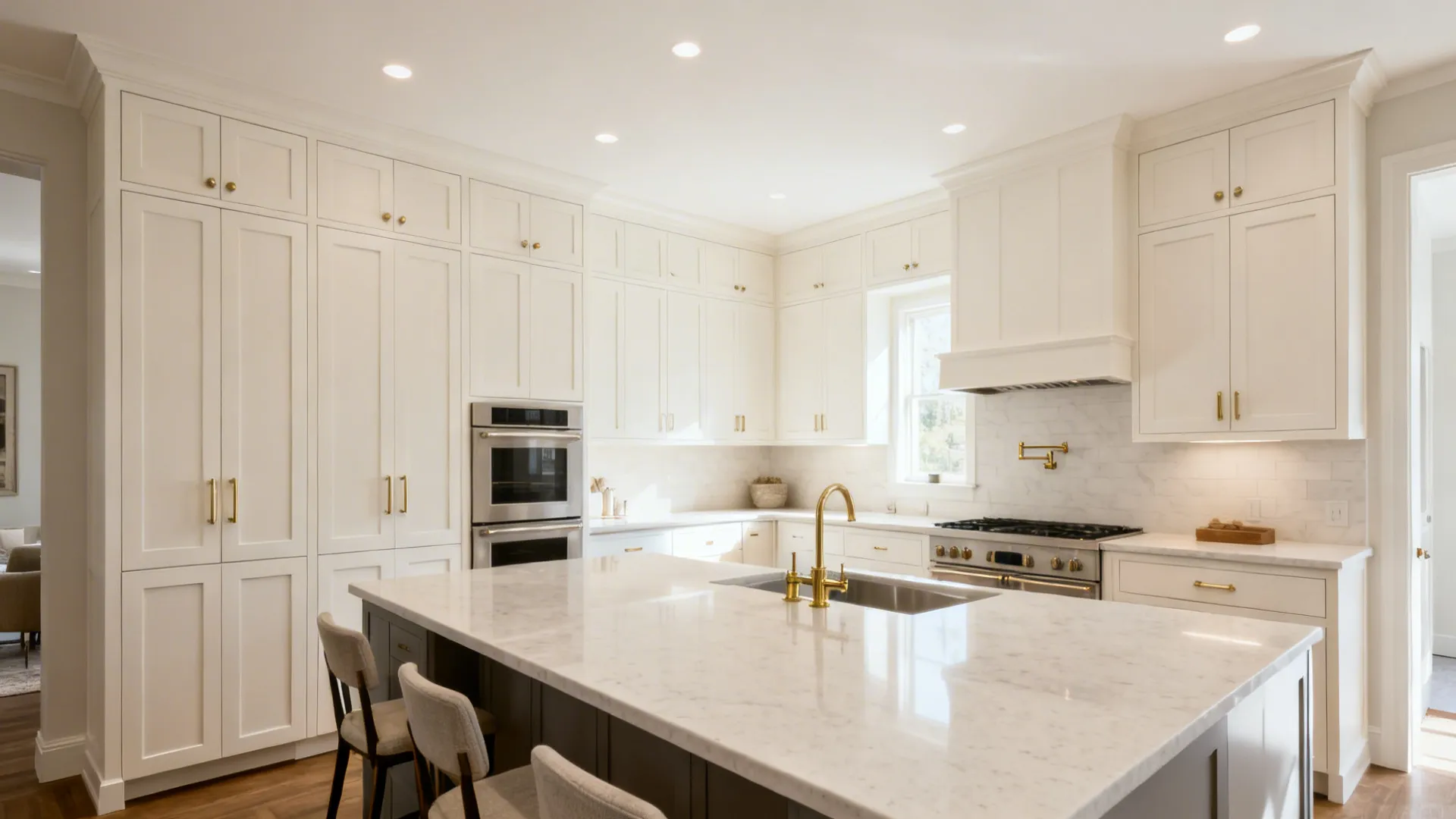 Modern white kitchen featuring large marble island gold faucet wooden floor and built in wall ovens