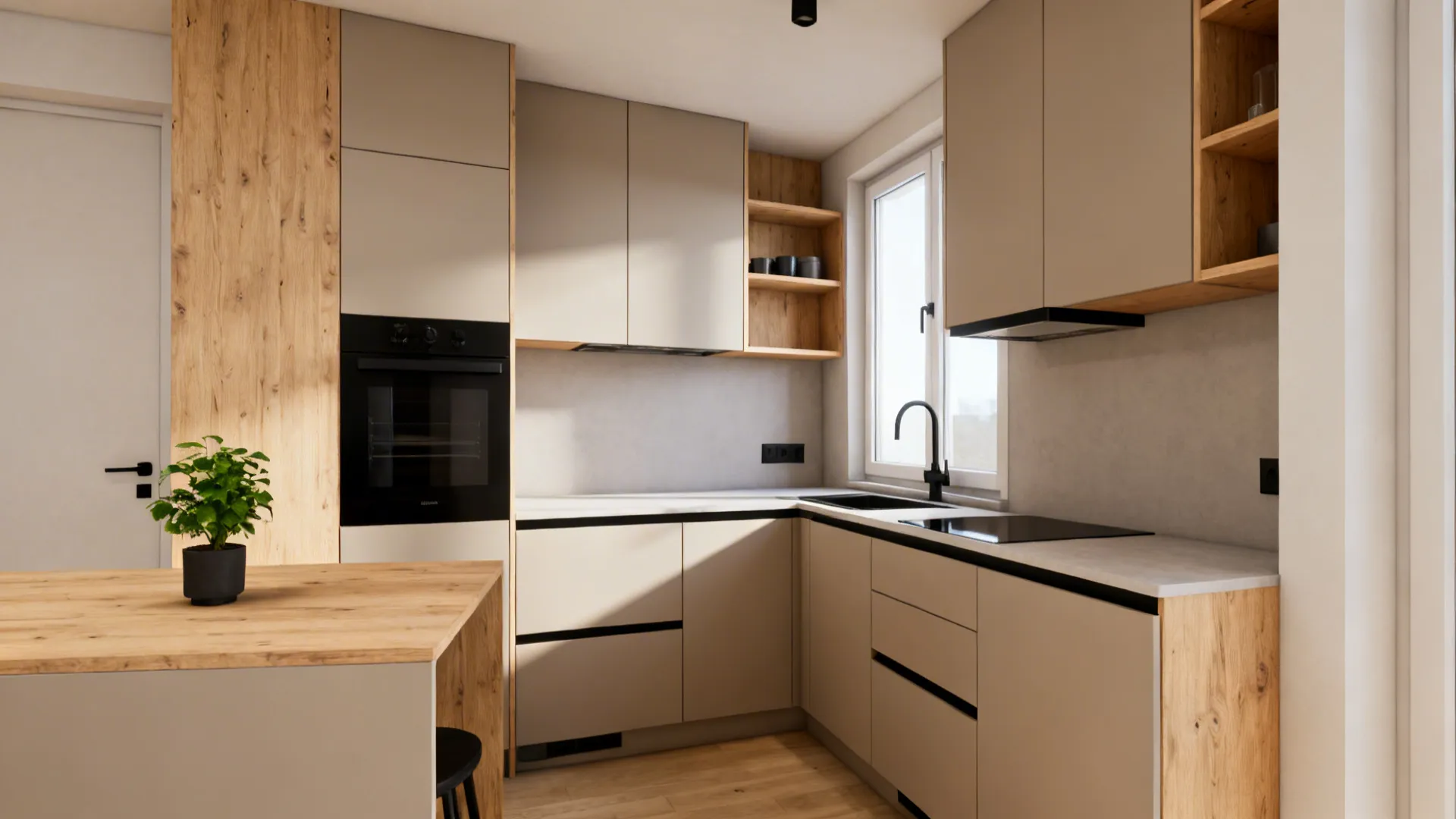 Modern L-shaped kitchen featuring beige cabinets wooden shelves black sink oven and a small green plant
