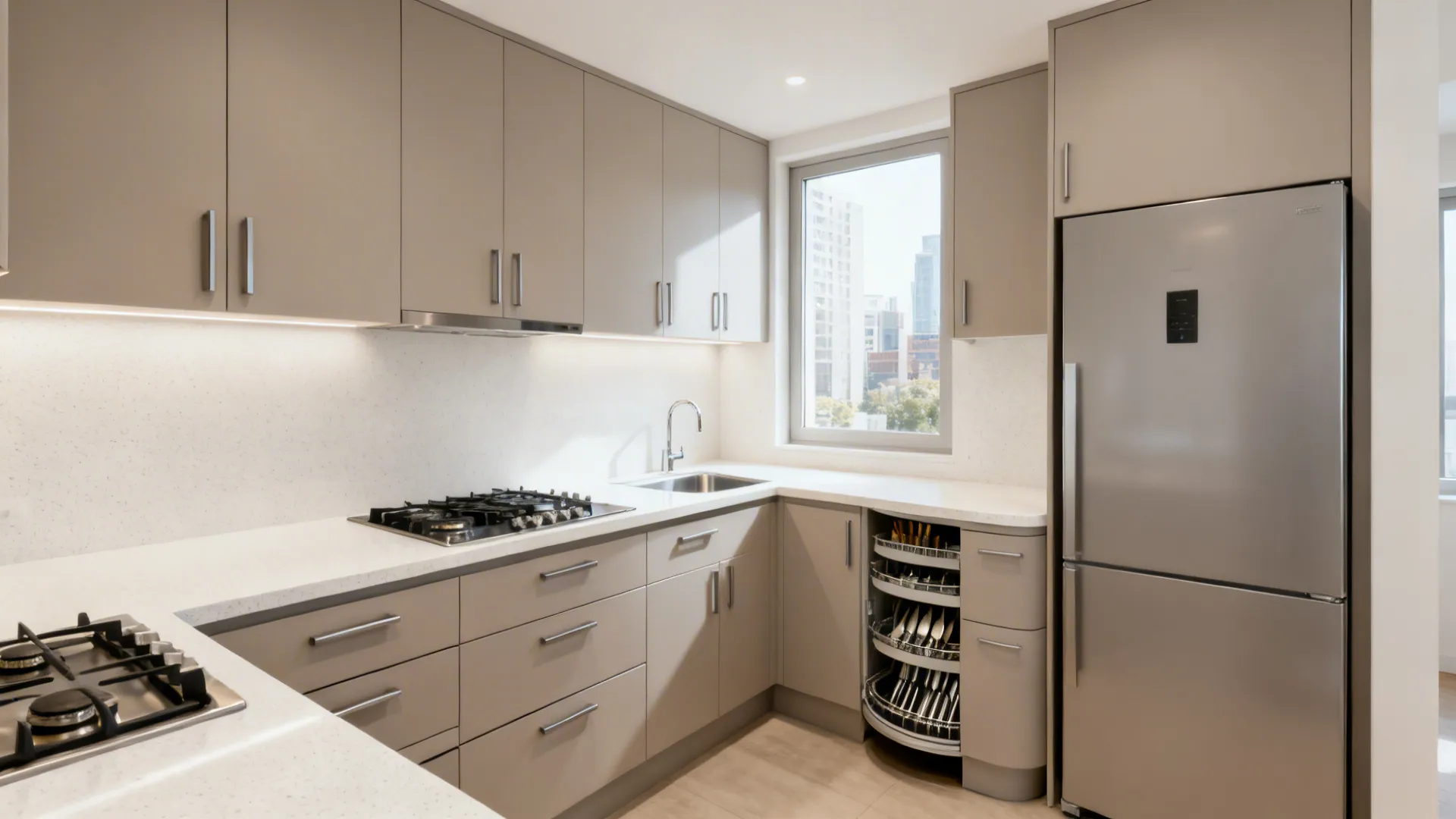 Modern L-shaped kitchen featuring grey cabinets white countertops stainless steel fridge and corner storage solution