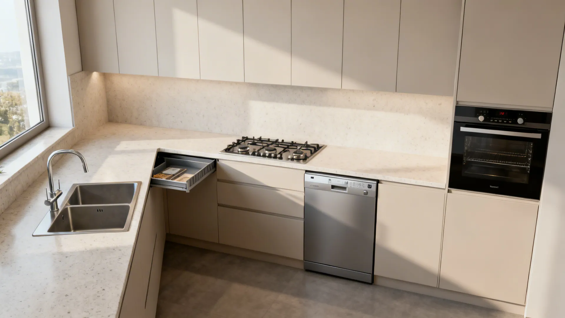 Compact L-shaped kitchen with sink and hob separated, corner storage, and integrated appliances.