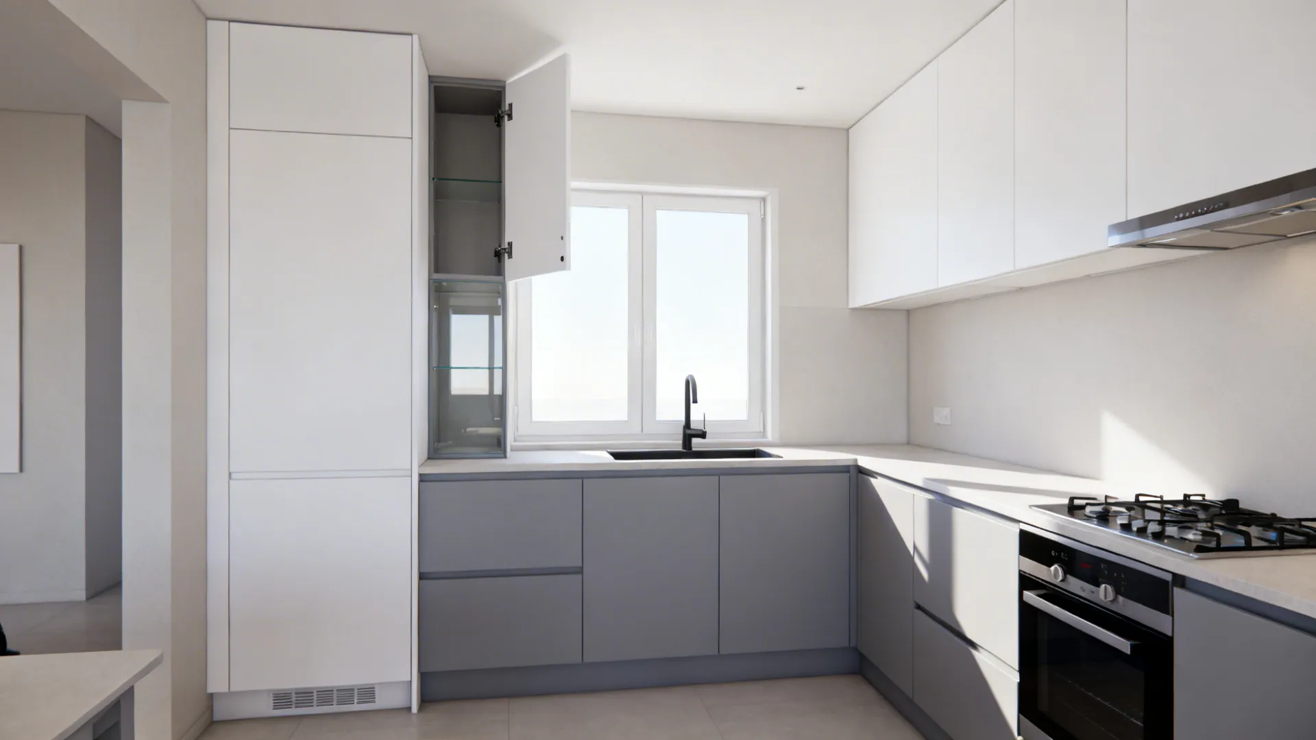 Idea 5: Compact L-Shape with Tall Pantry and Satin Finish