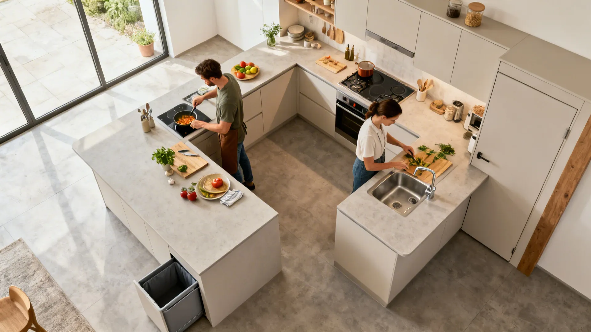 Overhead view of a compact L-shaped kitchen with a long continuous prep counter.