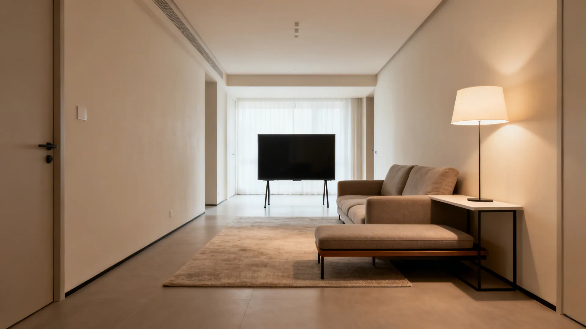 Minimalist living room with grey sofa floor lamp black television and large rug in evening