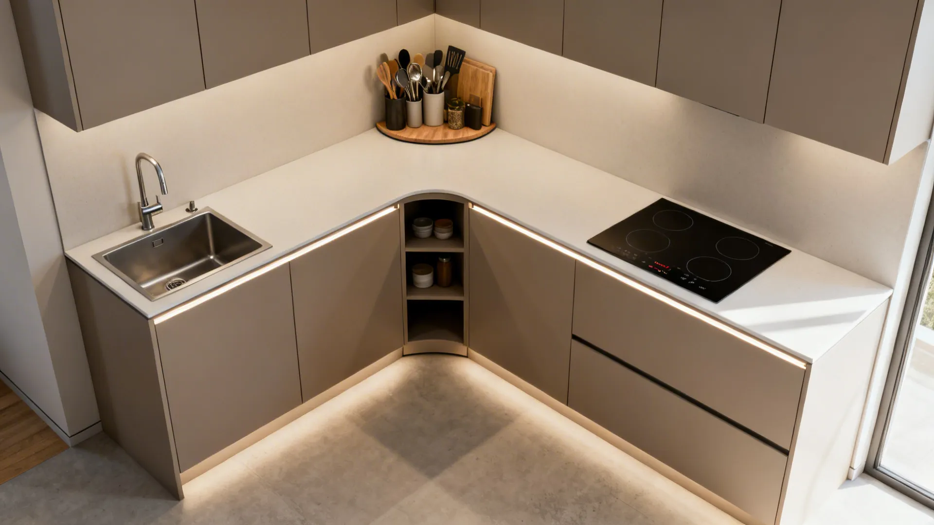 Compact L-shaped studio kitchen with defined prep, cook, and clean zones and thin counters.