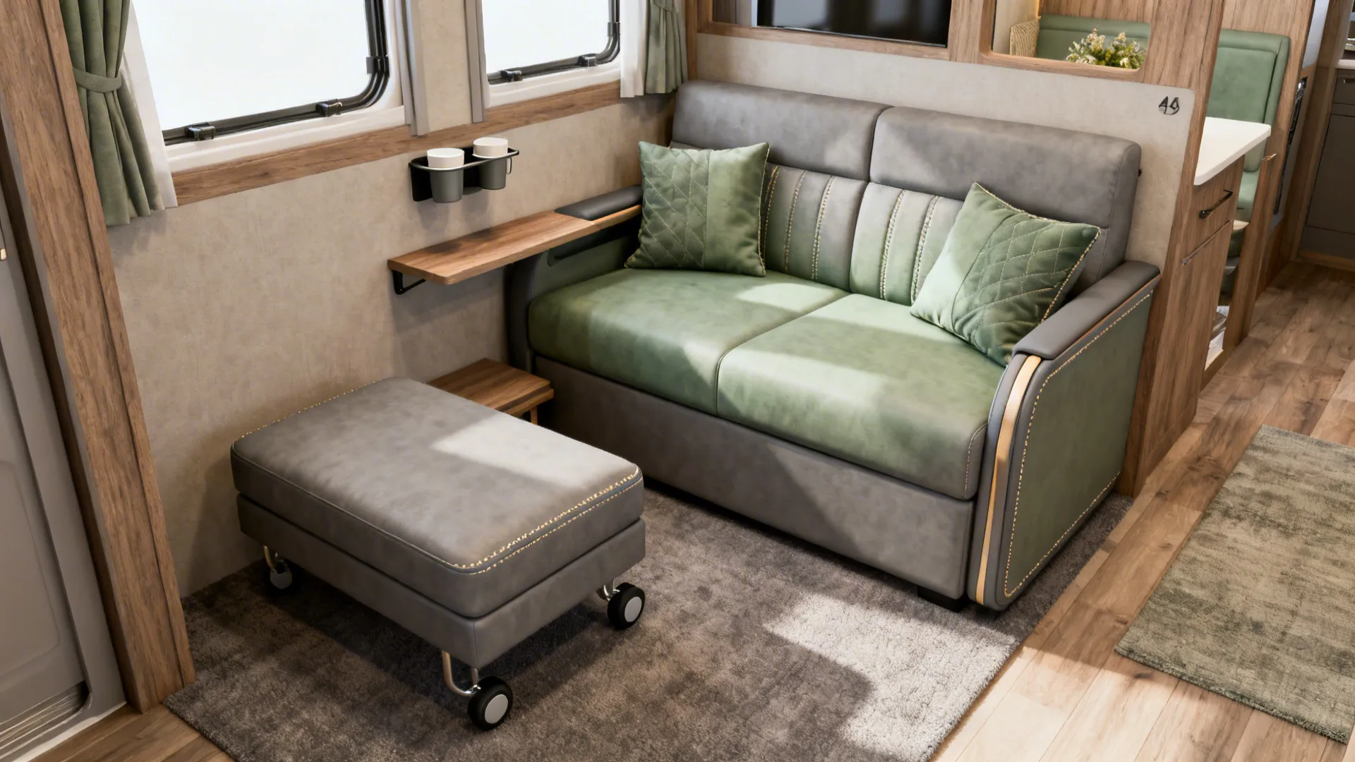 Compact loveseat with chaise and a slim ottoman on casters in a cozy media room.