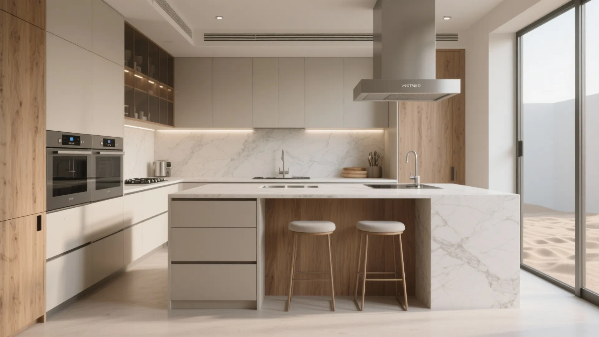 Compact L-shaped luxury kitchen with slim peninsula, quartz counters, and ducted range hood in an ECR home.