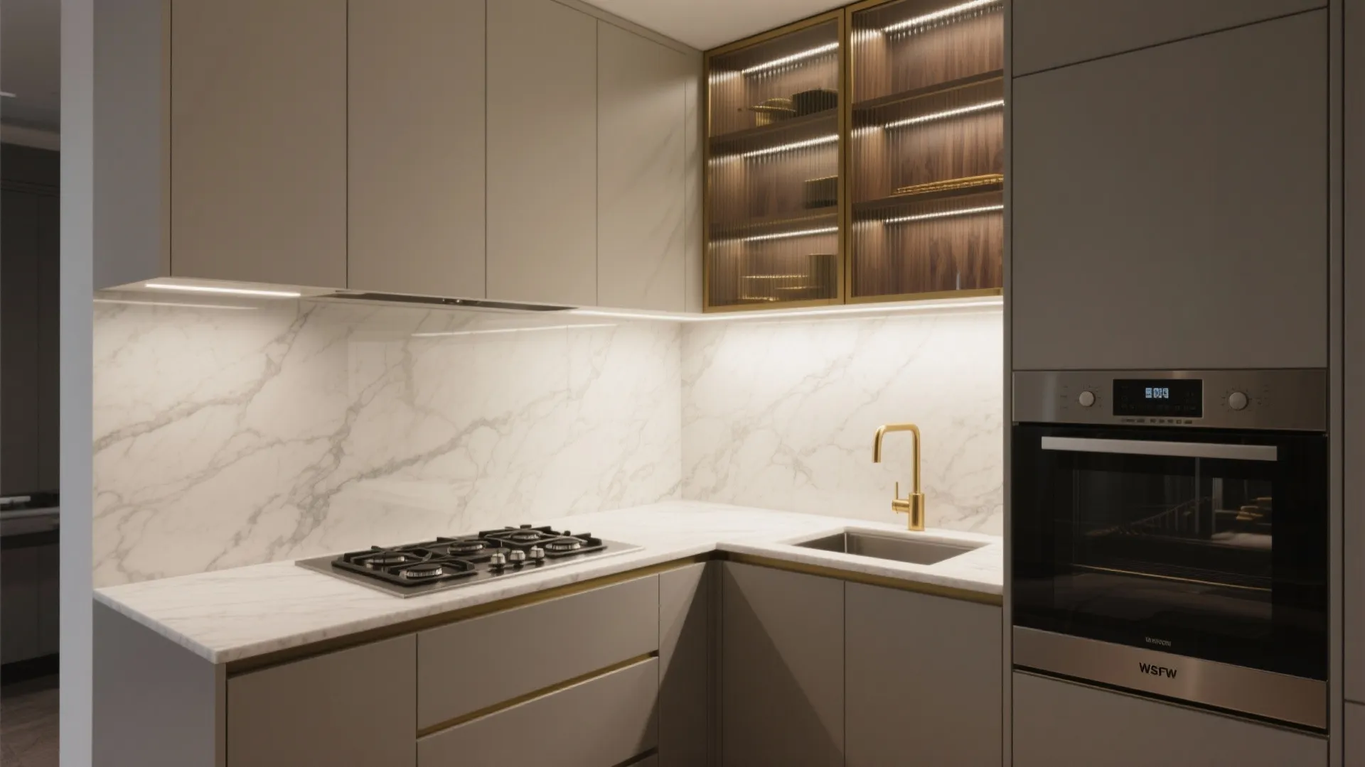 Modern kitchen with grey cabinets marble backsplash gold faucet gas stove and built-in oven light
