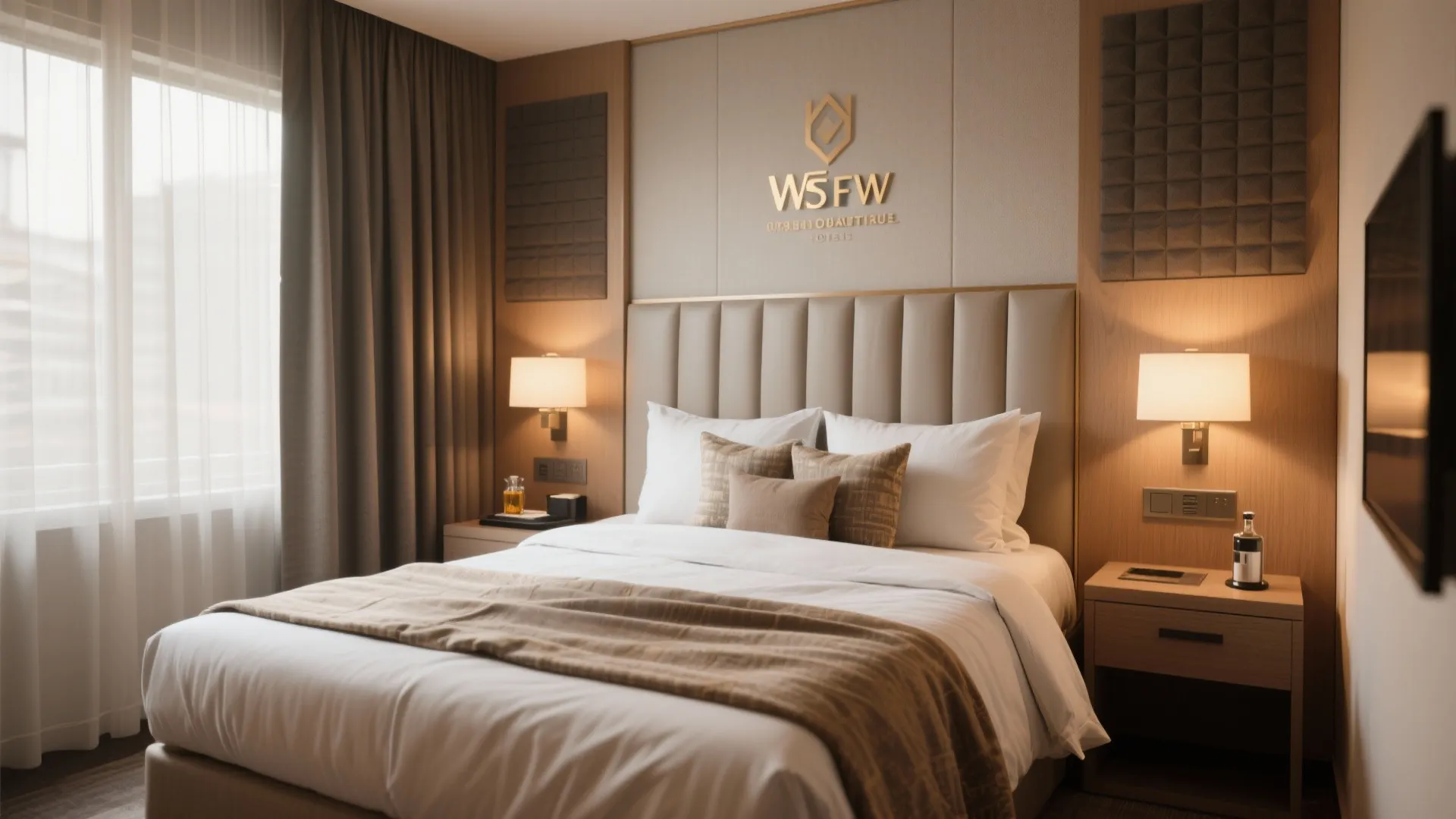 Compact hotel-style bedroom with boutique headboard, layered bedding, blackout curtains and a small beverage station.