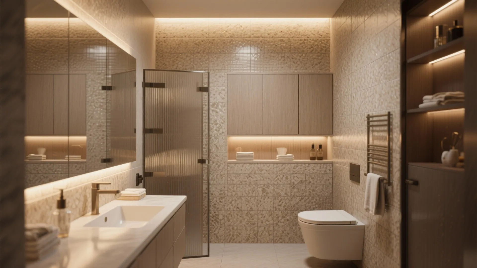 Small bathroom with textured tiles and concealed storage