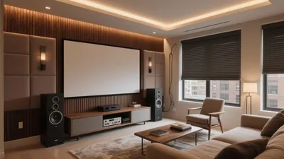 Modern Home Theater Living Room with Wood Acoustic Panels