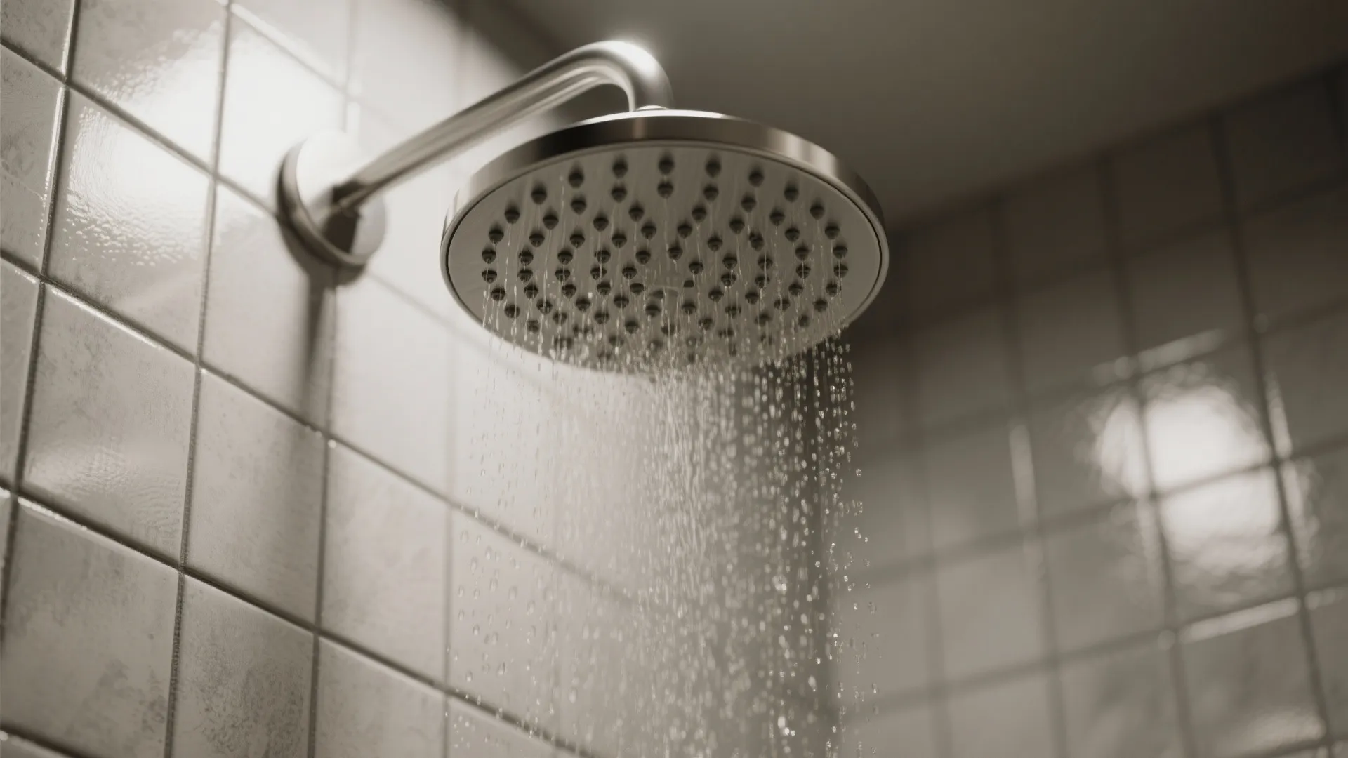 Close up of a round silver metal shower head with water flowing against square tiles