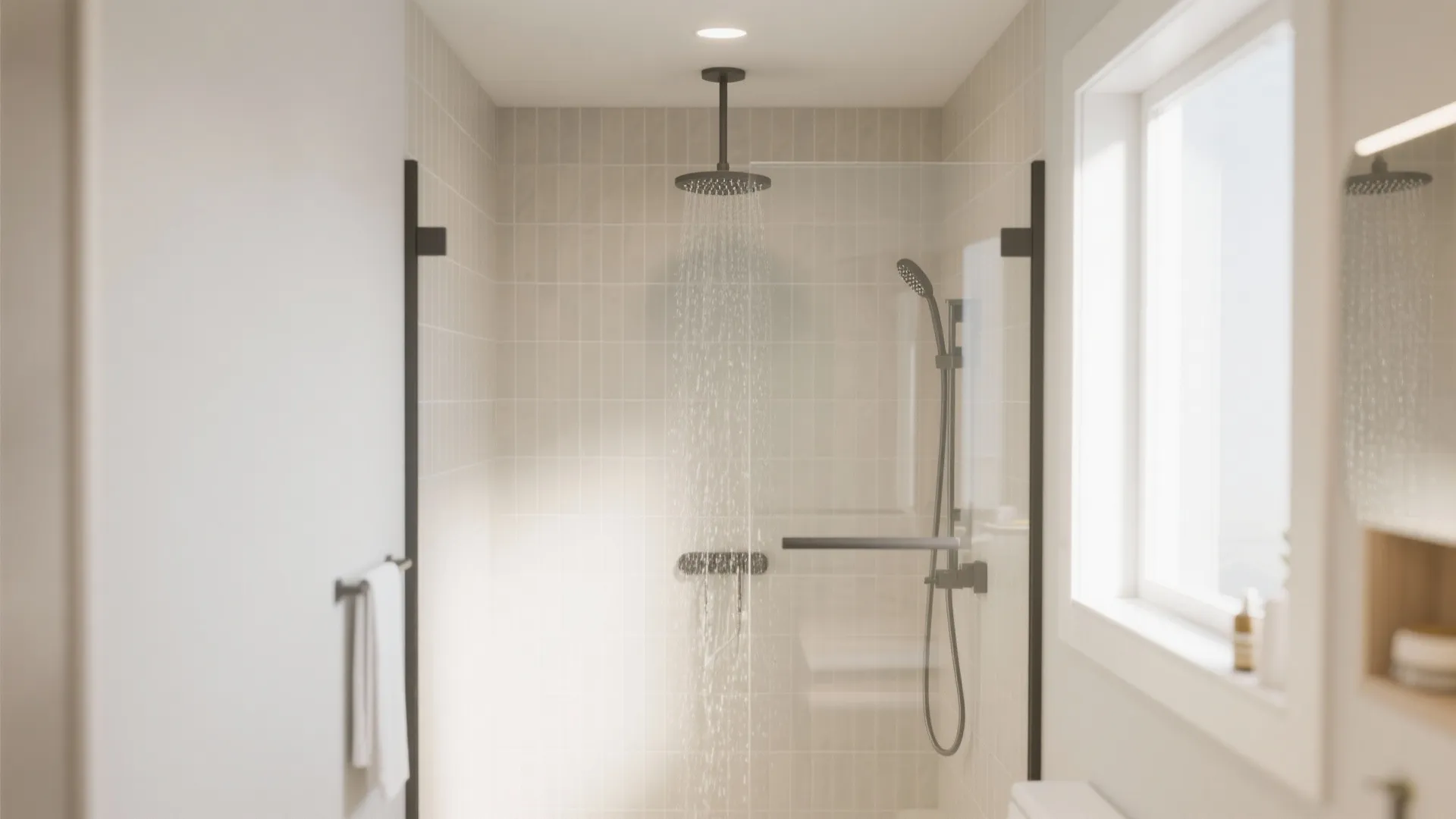 Minimalist glass shower cabin with black metal frame and rain head fixture in white bathroom