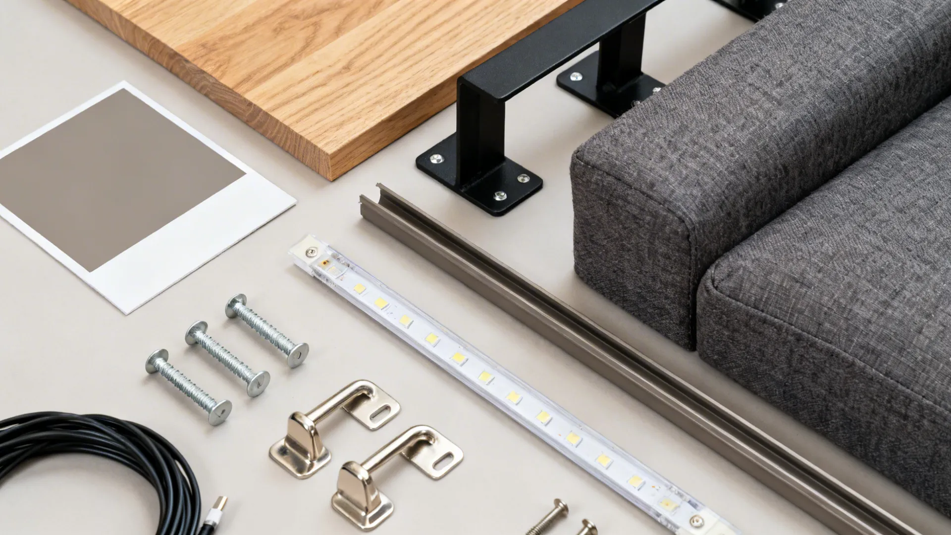 Flatlay of warm gray paint, oak veneer, anchors, charcoal fabric, LED strip, and cable raceway for a small man cave.