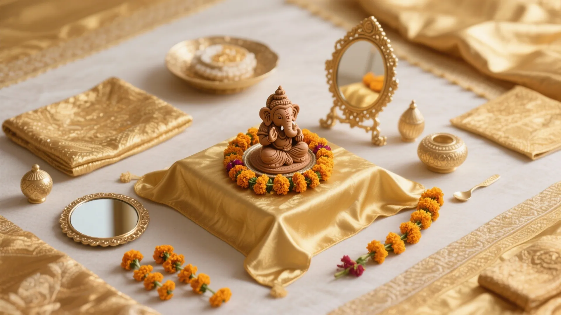 Flat lay of gold fabric, mirrors, marigolds and clay idol for table-top mandap