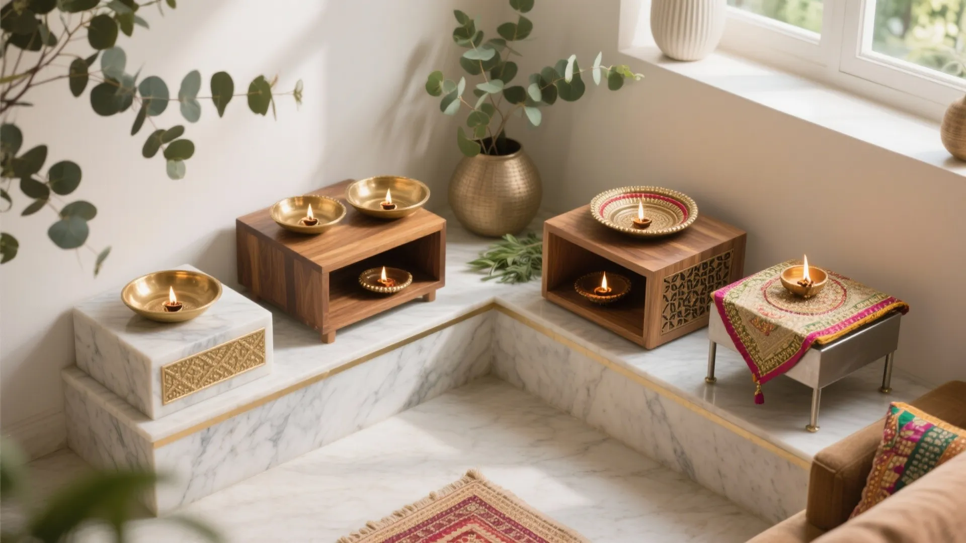 Small wooden stands with brass oil lamps arranged on marble steps near a bright window