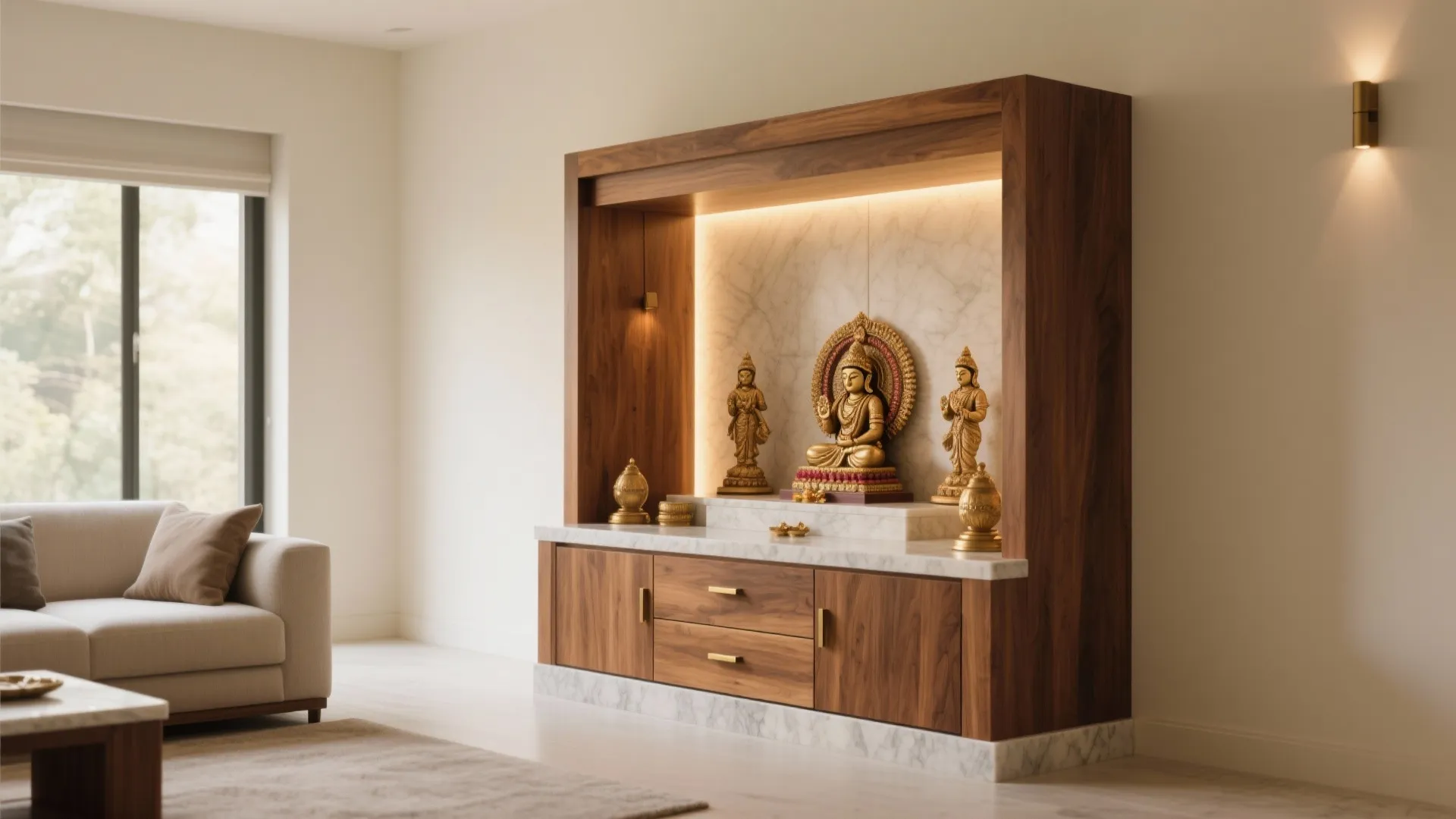 Modern wood cabinet with marble top and golden statues placed inside a bright living room
