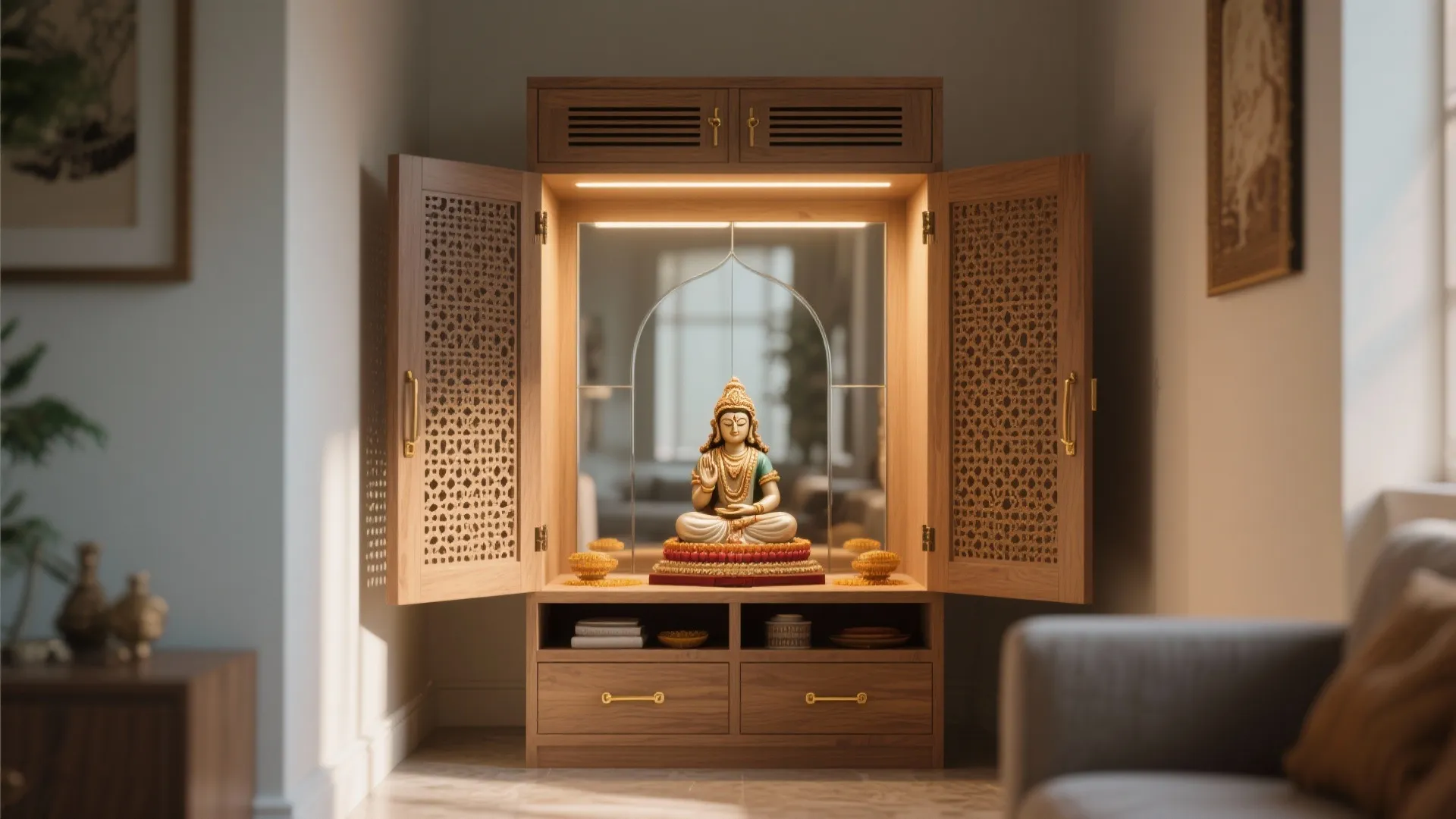 Slim mandir cabinet with bi-fold jaali doors and mirrored back panel in a small living room.