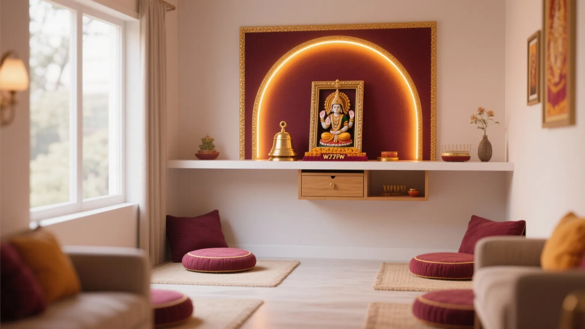 Compact Pooja Mandir and Seating Flow