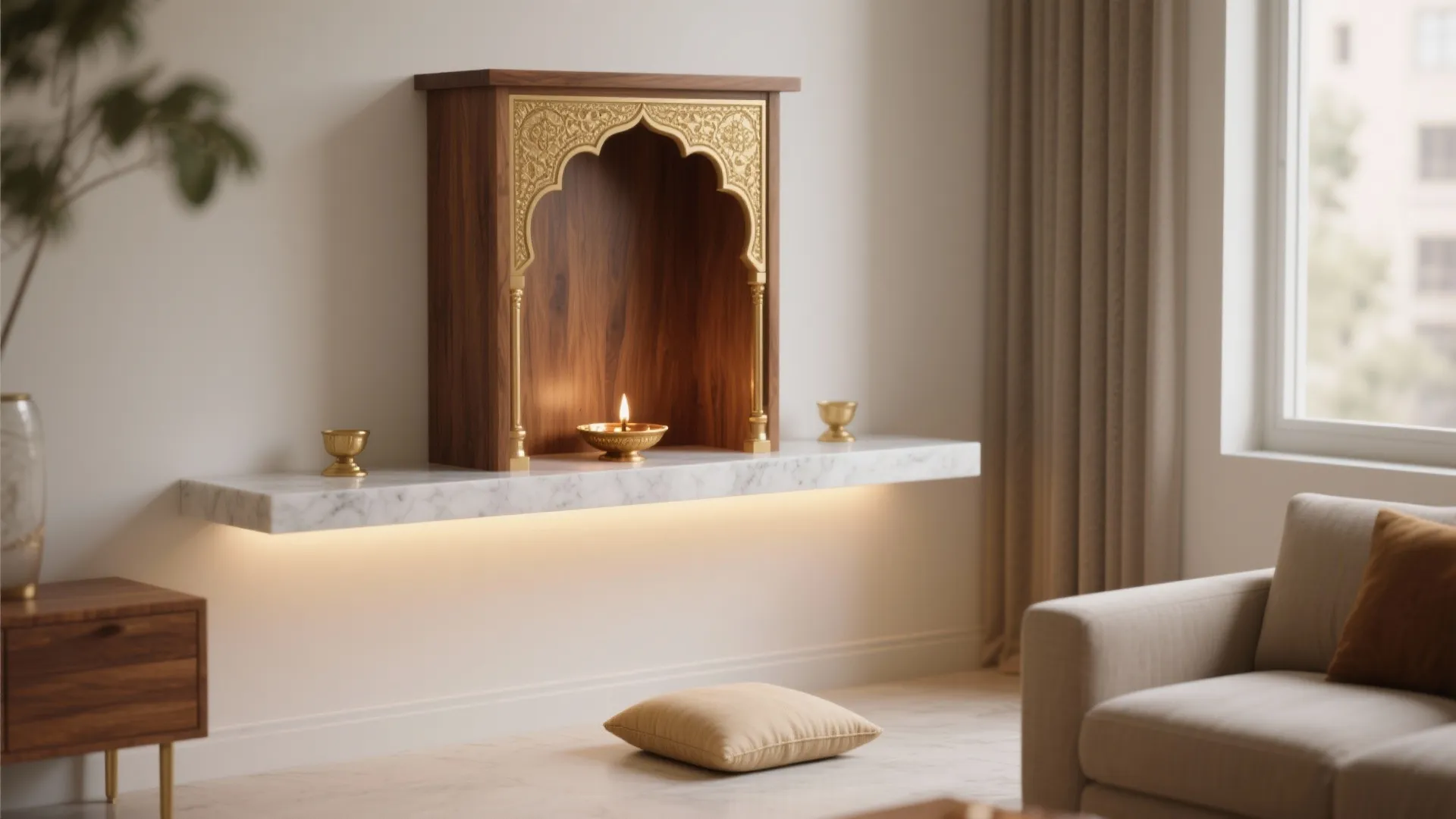 Modern wall mounted wooden prayer unit on marble shelf with oil lamp and floor cushion