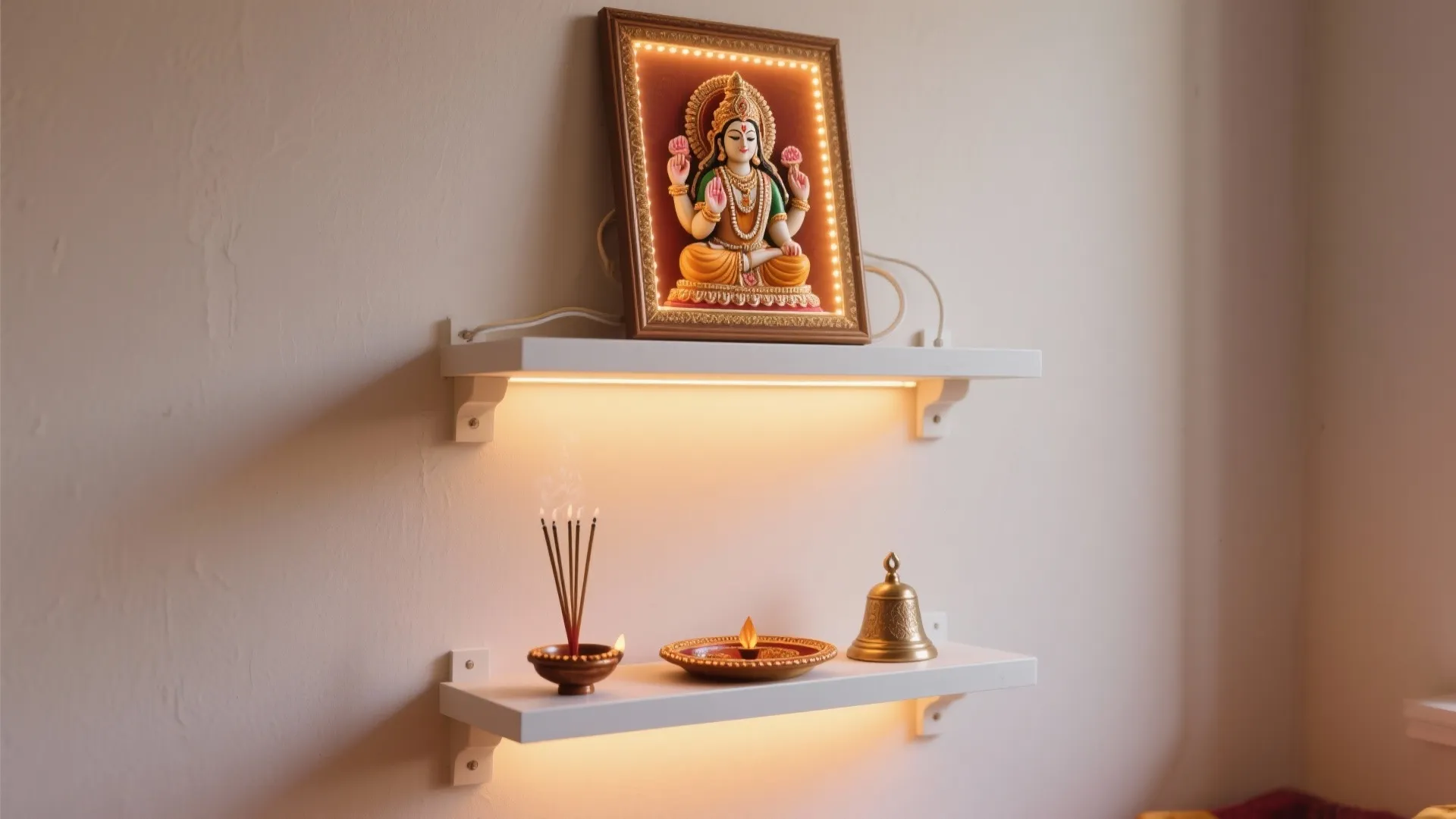 Two white wall shelves holding a framed picture light fixture incense sticks and small brass bell