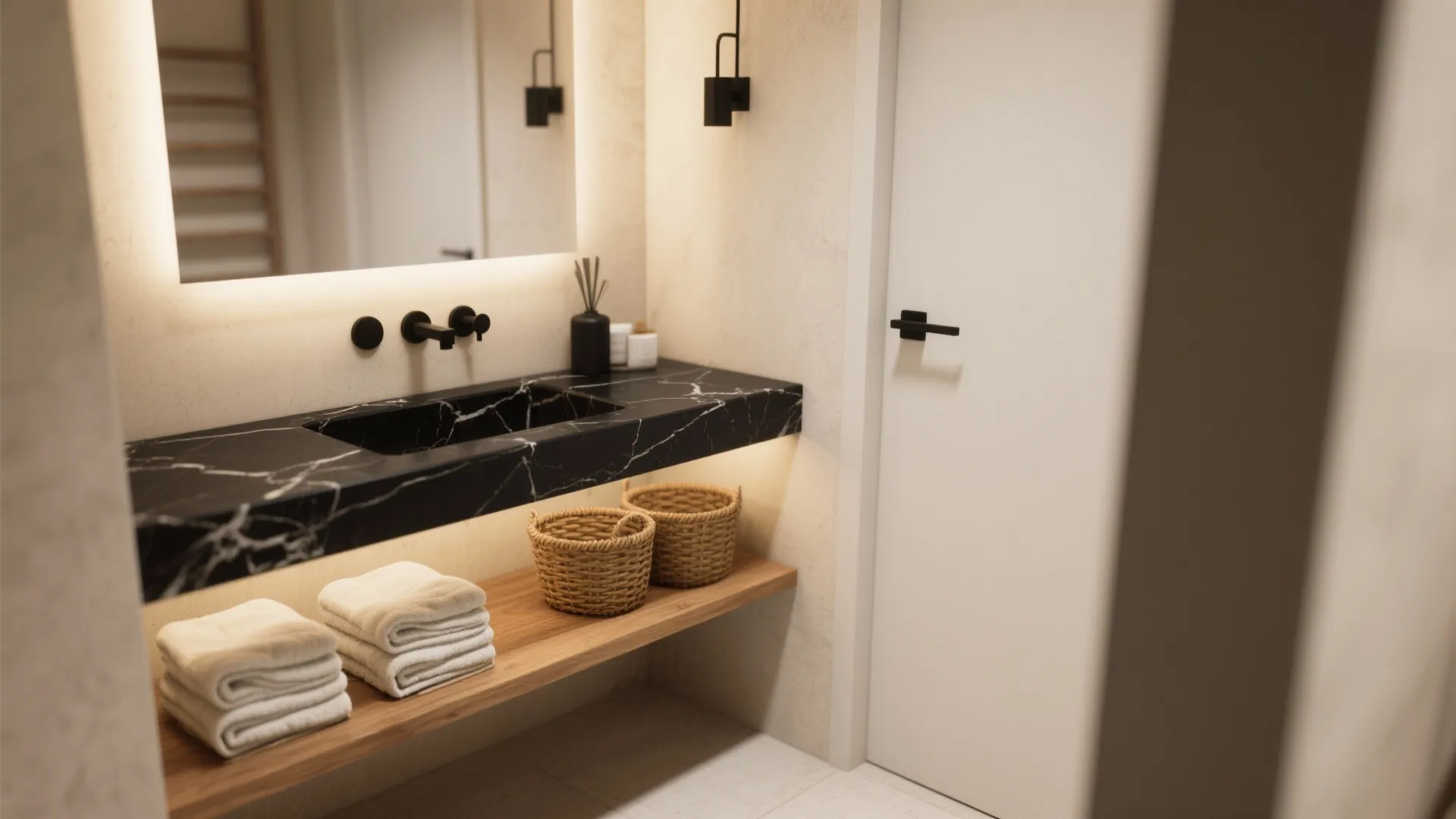 3. Compact vanity with black marble top and open shelving