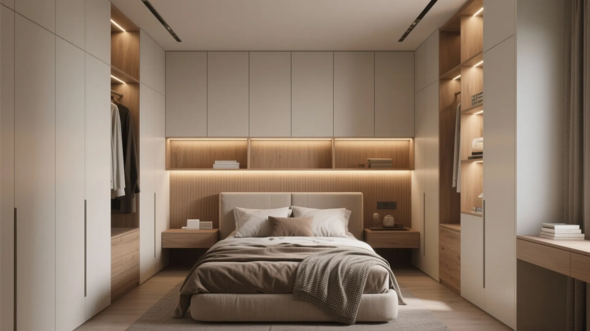 Compact master bedroom with wall-to-wall wardrobes and recessed shelving headboard for optimized storage.