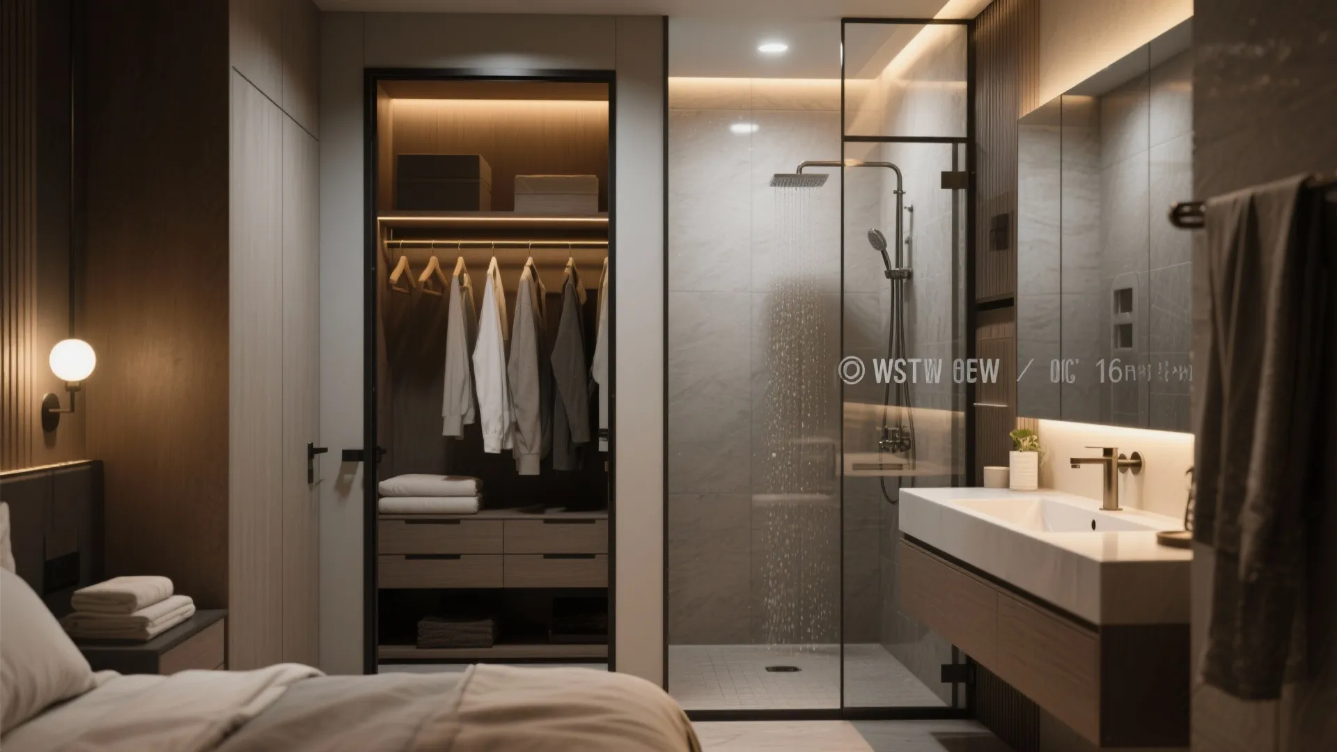 Modern master suite showing a bedroom connected to a walk in closet and glass shower