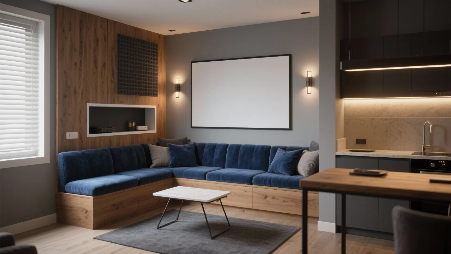 Modern small apartment layout with blue corner sofa, white coffee table, and open kitchen area design