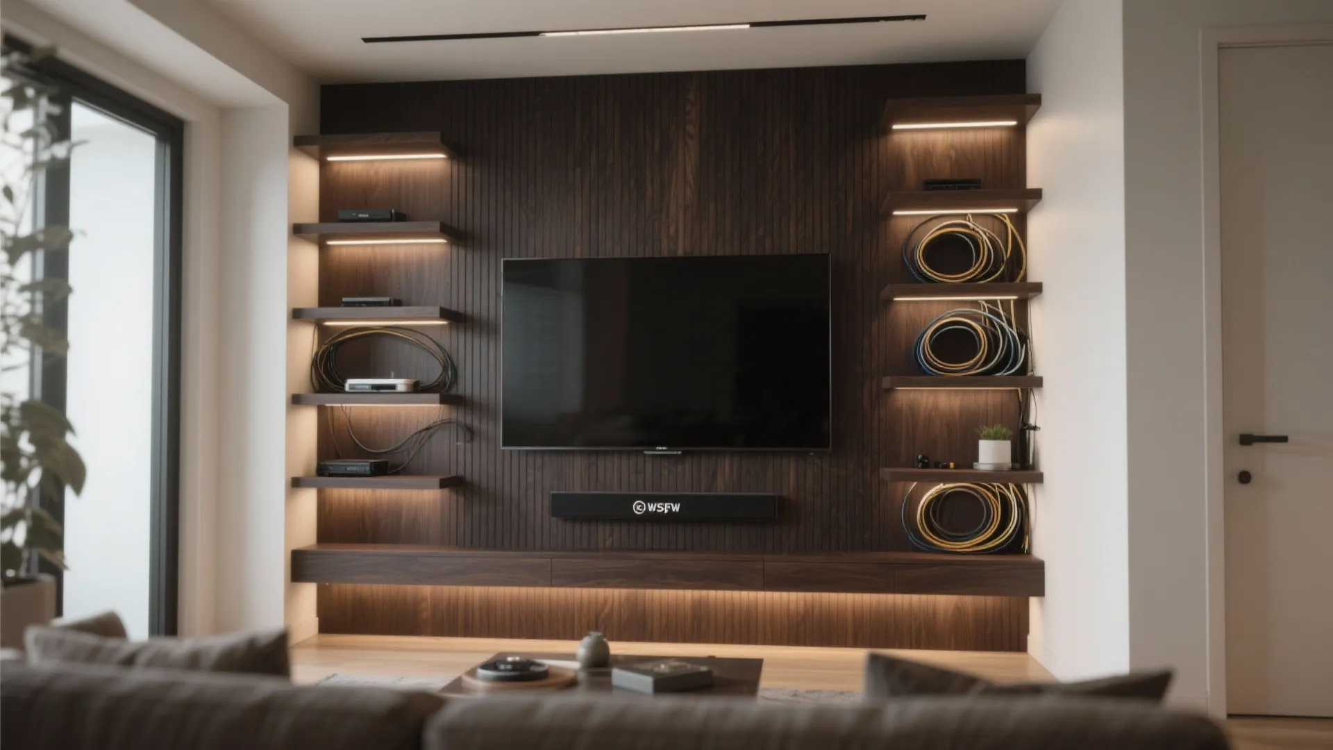 Compact media wall with recessed shelves and clean lines