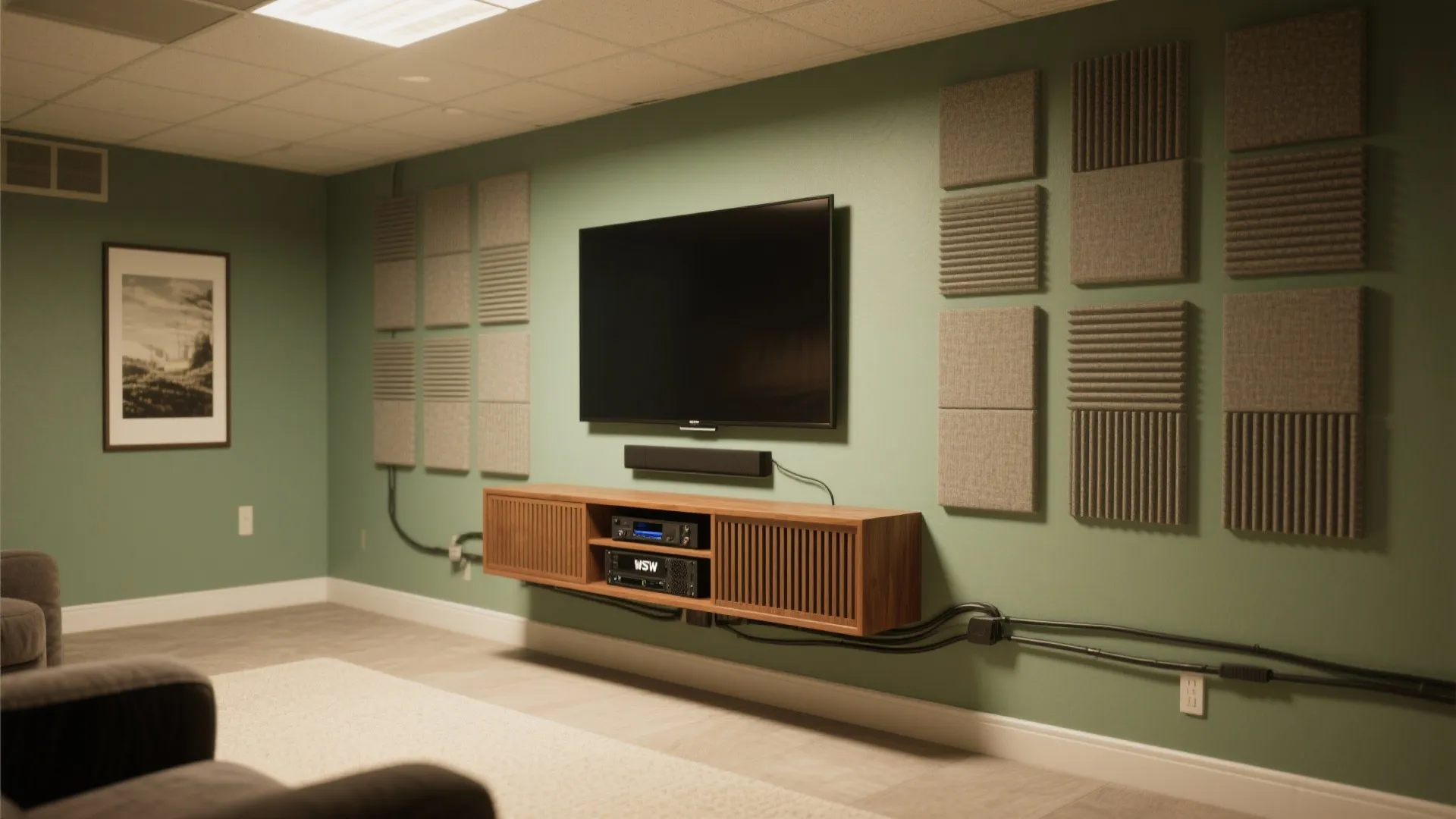 Wall mounted television above wooden cabinet on green wall with sound panels and black cables