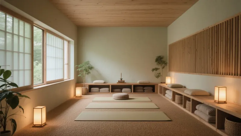 Japanese-Inspired Meditation Room with Natural Wood and Soft Lighting