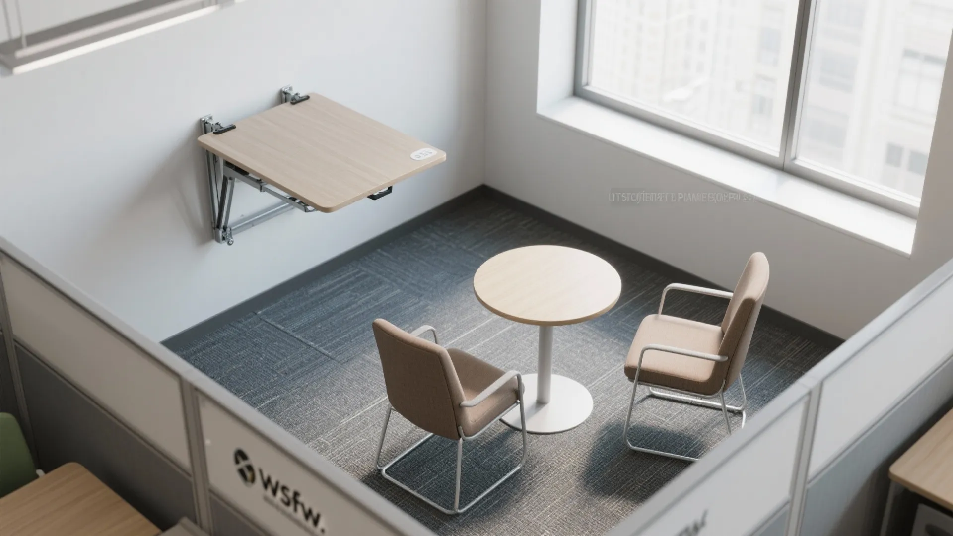 Modern office corner with a small round table two chairs and a wall mounted desk