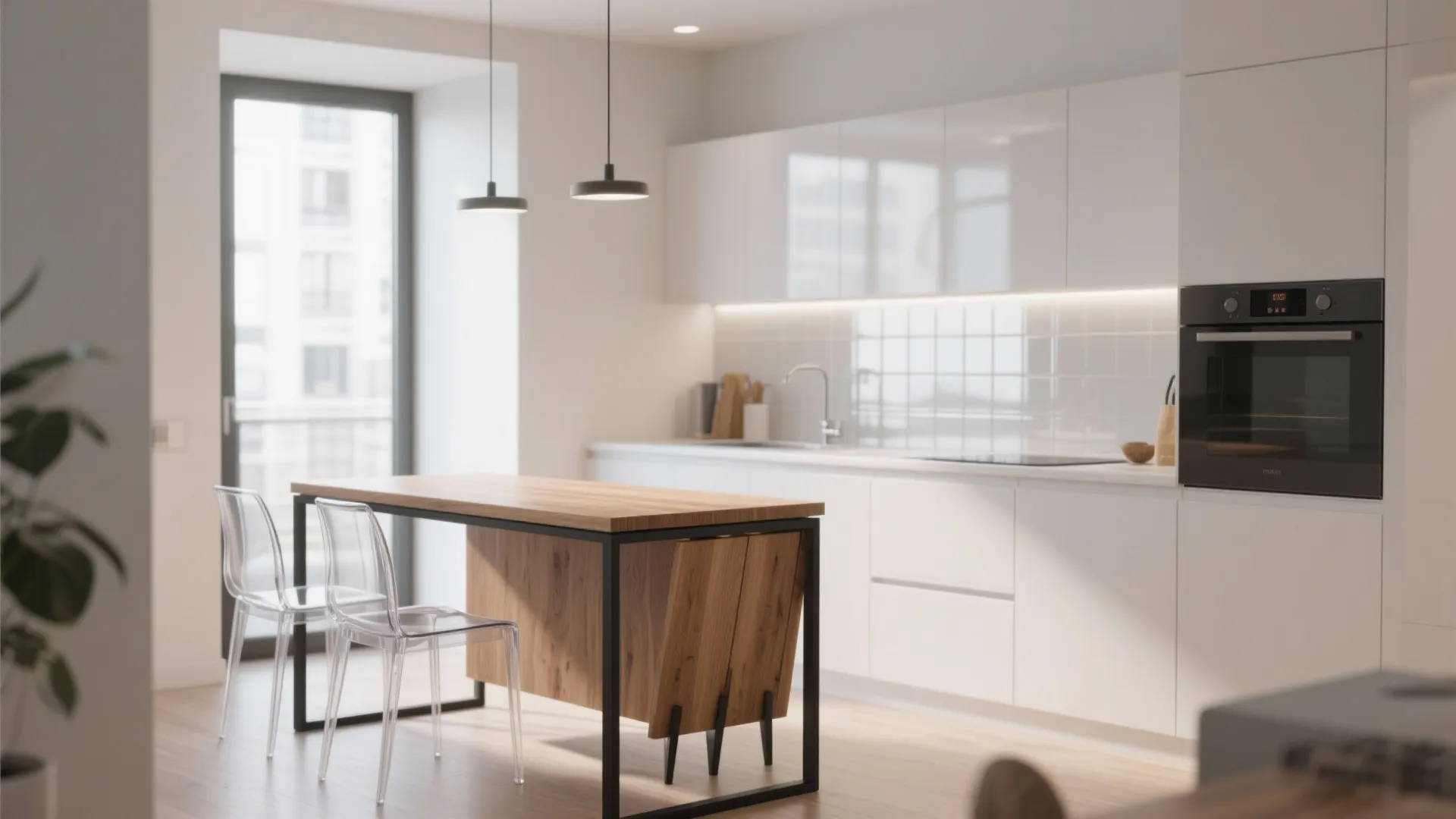 Modern white kitchen with wooden island table clear chairs black oven and two black lights