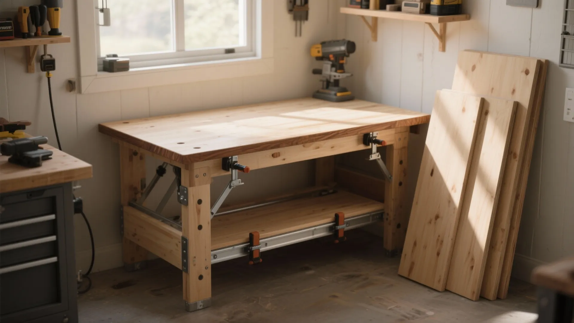 Wooden work table in a bright workshop next to wooden boards and wall mounted shelves