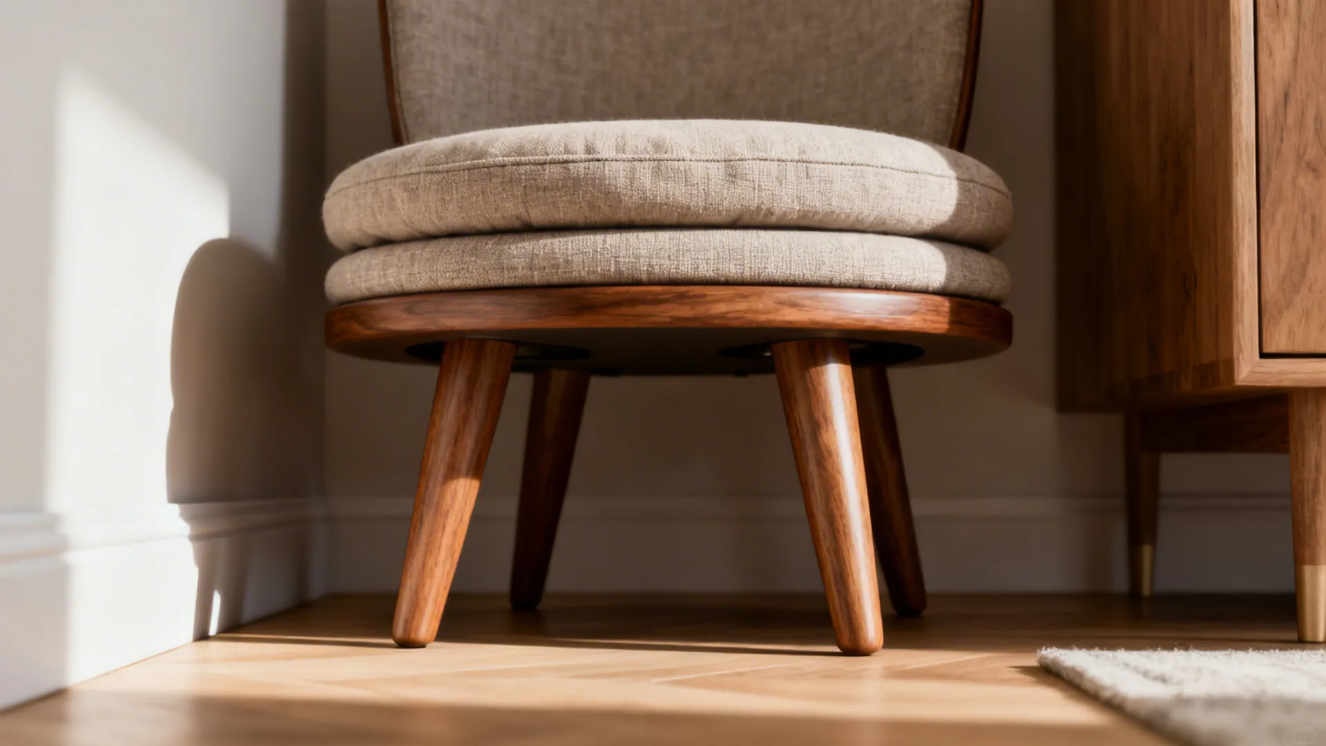 Compact mid-century swivel chair with tapered legs and a soft removable cushion in a small apartment corner.