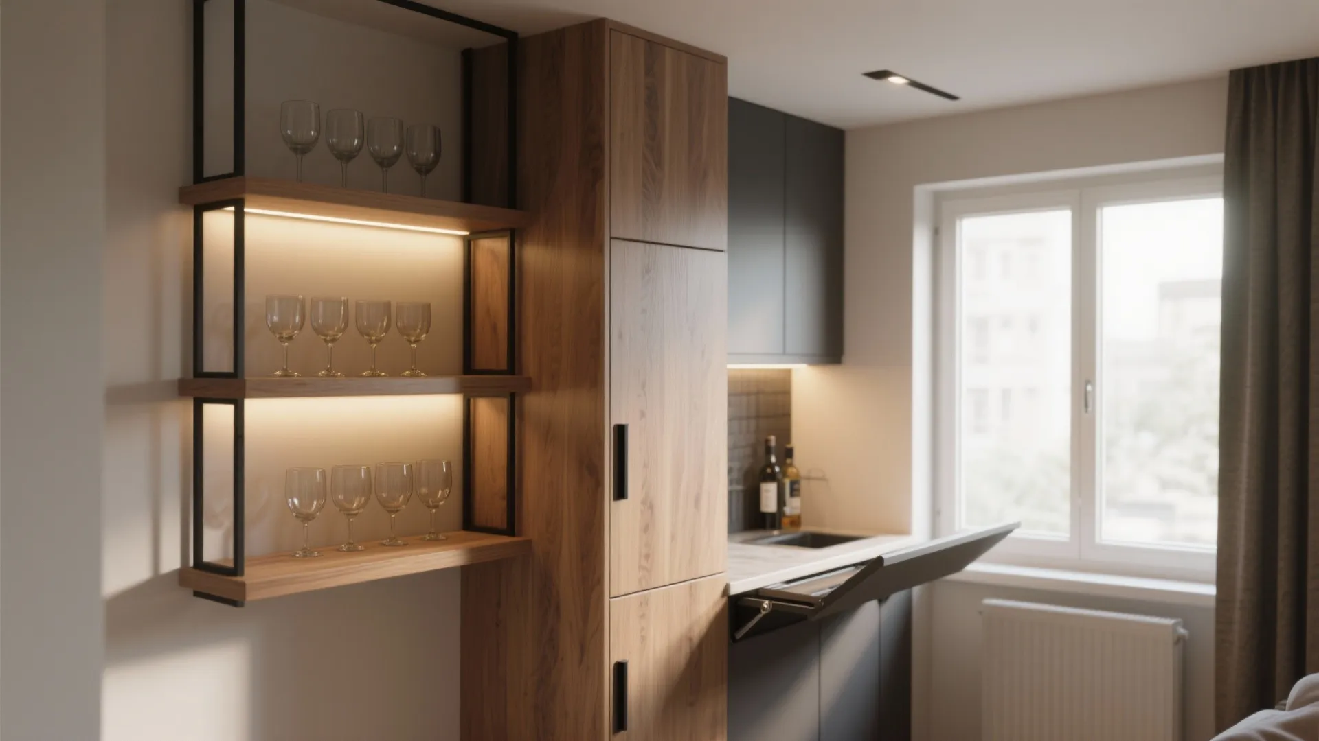 Modern wood cabinet with glass shelves next to a small kitchen area with natural light