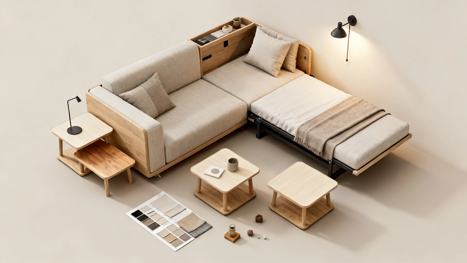 Flatlay of multi-function compact furniture and material swatches for tiny living rooms