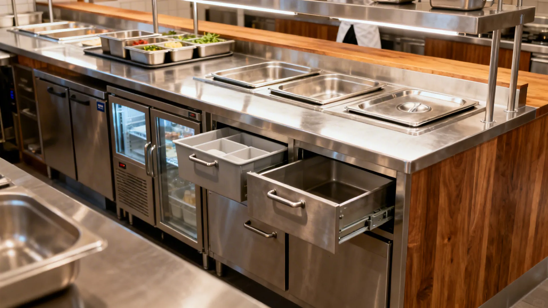 Compact mise-en-place with modular GN pans and undercounter drawer refrigeration.