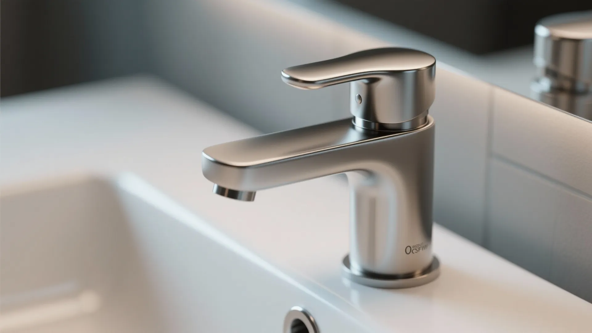 Modern matte silver bathroom water tap on white sink with simple and clean minimalist design