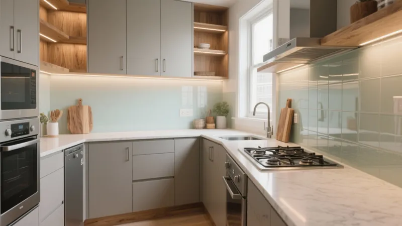 Modern L-Shaped Kitchen with Soft Green Tiles & Warm Wood Accents