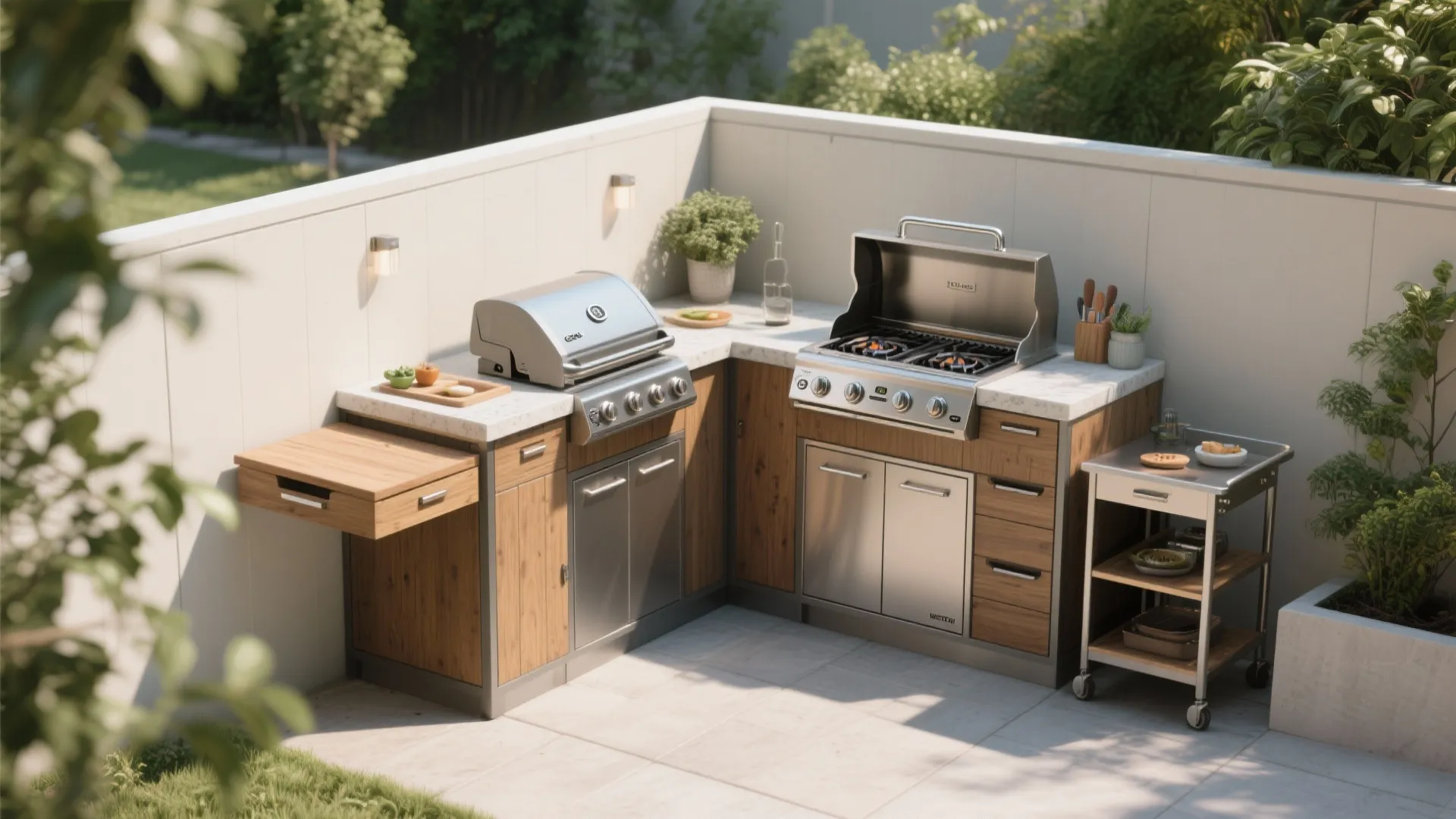 Modern outdoor kitchen with stainless steel grill wood cabinets white countertop and small service cart