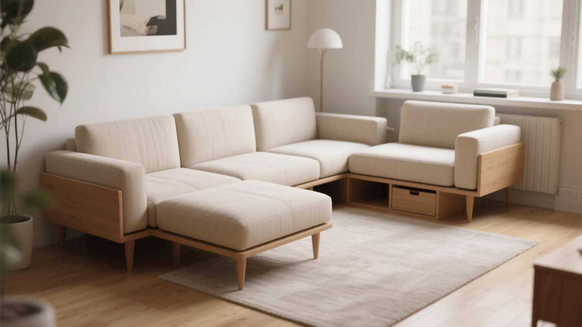 Cream modular sofa with wooden frame and footrest in a living room with natural light