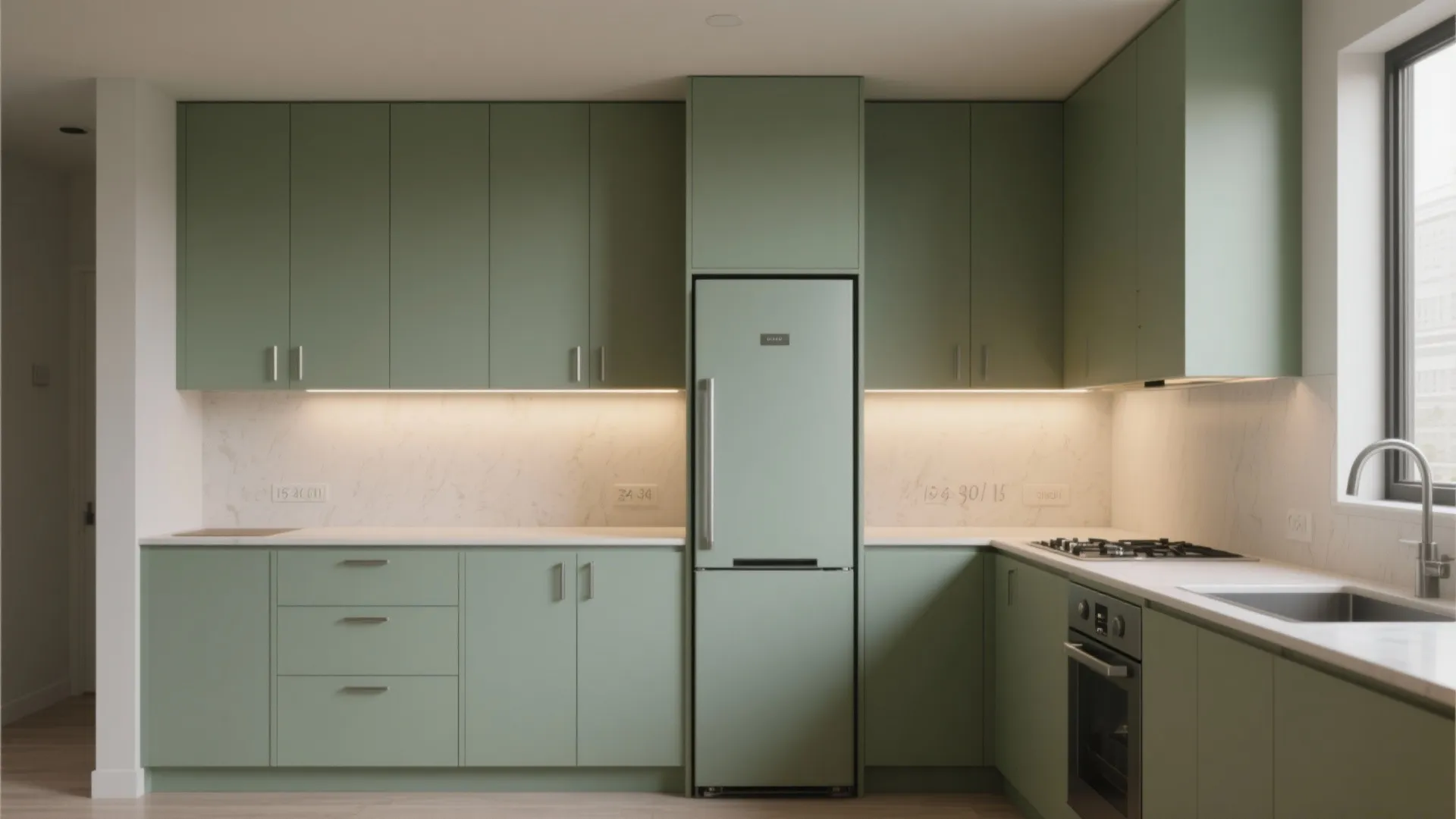 Modern kitchen featuring green cabinets matching refrigerator white marble backsplash under cabinet lighting and side window