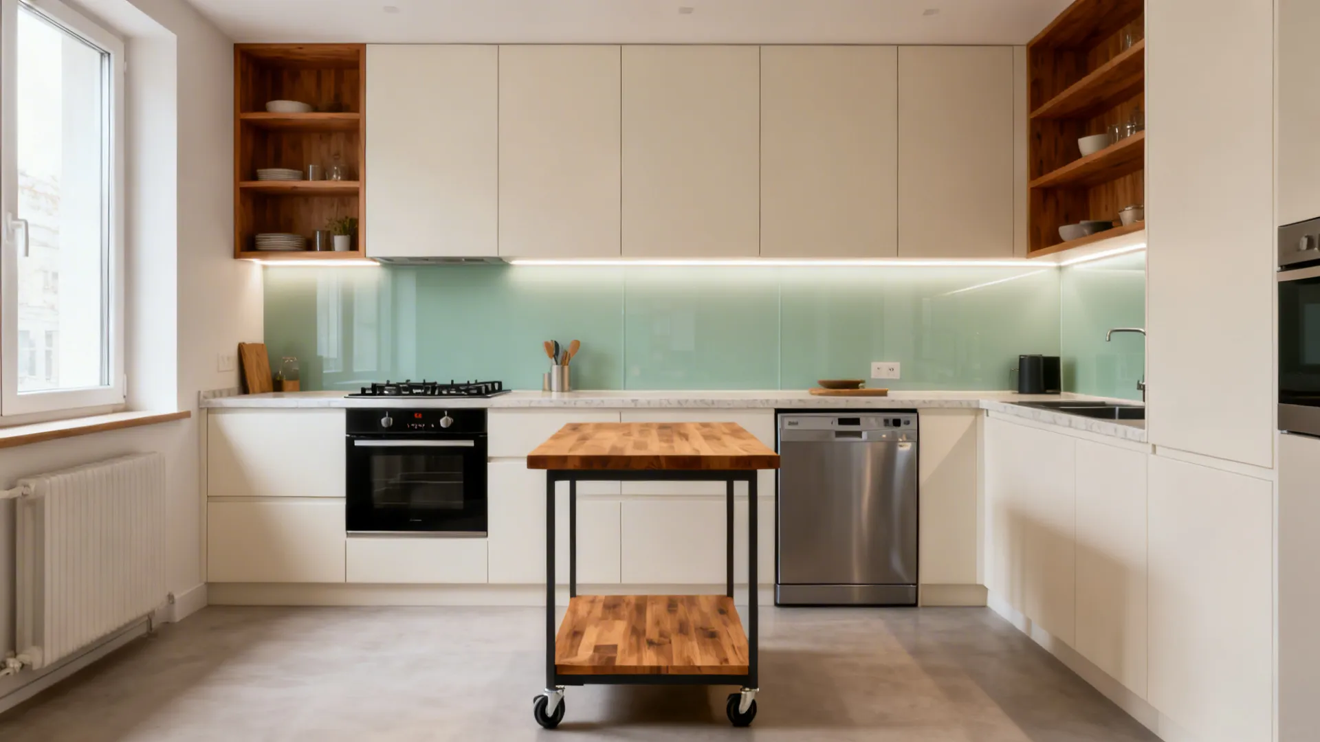 Modern white kitchen featuring light green backsplash wooden island with wheels and built in appliances